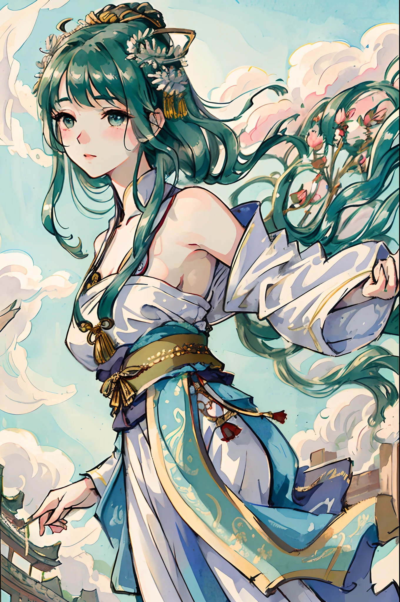 A beautiful dancer in ancient China,delicate lines,gorgeous costumes in ancient China,delicate and vivid,shy face,willow leaf eyebrows,personality depiction,coiled hair,gold leaf,flowing clouds,watercolor,crane surrounding,ink painting,gentle eyes,meticulous color scheme,exquisite clothing patterns,by Gu Kaizhi,Zhang Xuan,professional color grading,realistic style,soft shadows,clean and sharp focus,Flim photography,Panoramic View,32K --v 6