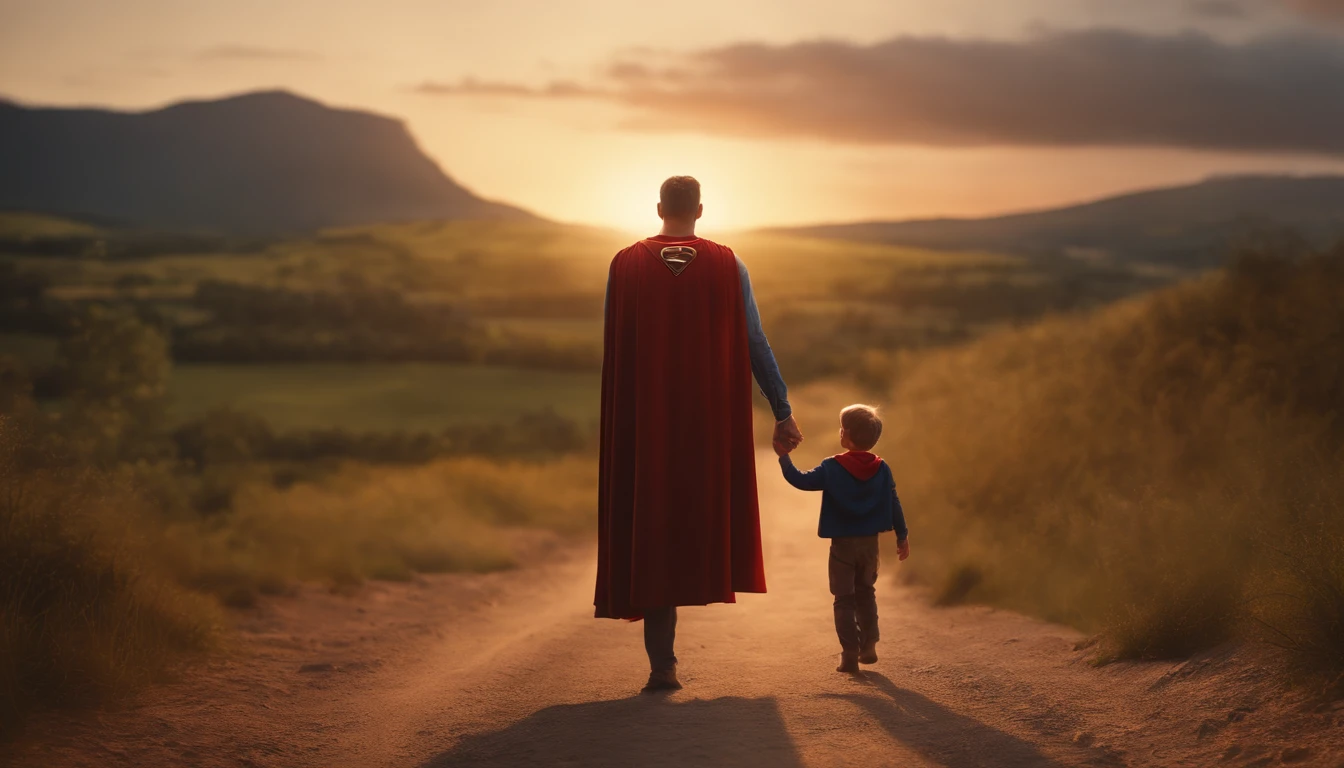 Imagine an ordinary father holding his child's hand, both on their backs and both wearing superhero capes. They are in the right corner of the image looking at the landscape on the horizon with a sunset on the left side. Realista, hyperrealistic, render, 8k