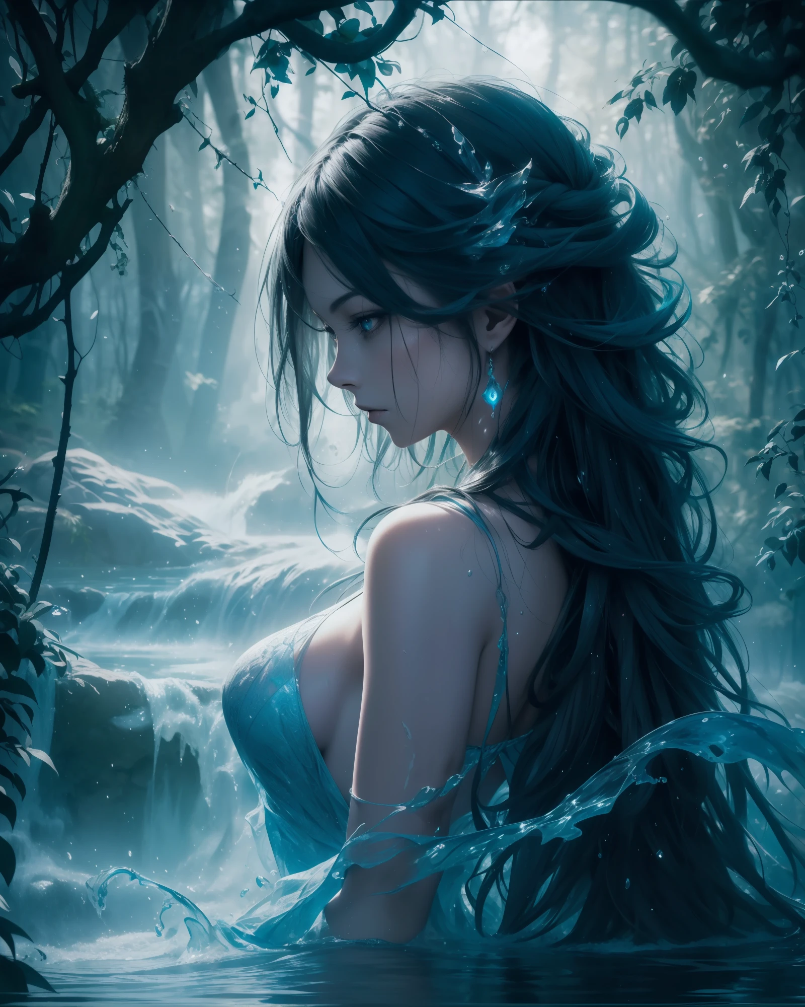 zrpgstyle, from_side from_below beautiful scary woman made of water (sadness expression:1.2) woman with (long water hair:1.2) rising out of the water moss smoke vines churning water fireflies midnight moonlight backlight (masterpiece:1.2) (best quality) (detailed) (intricate) (8k) (HDR) (wallpaper) (cinematic lighting) (sharp focus)