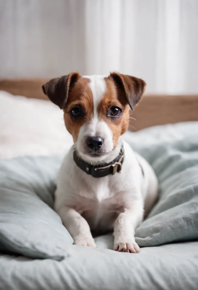 a jack russel terrier in his bed