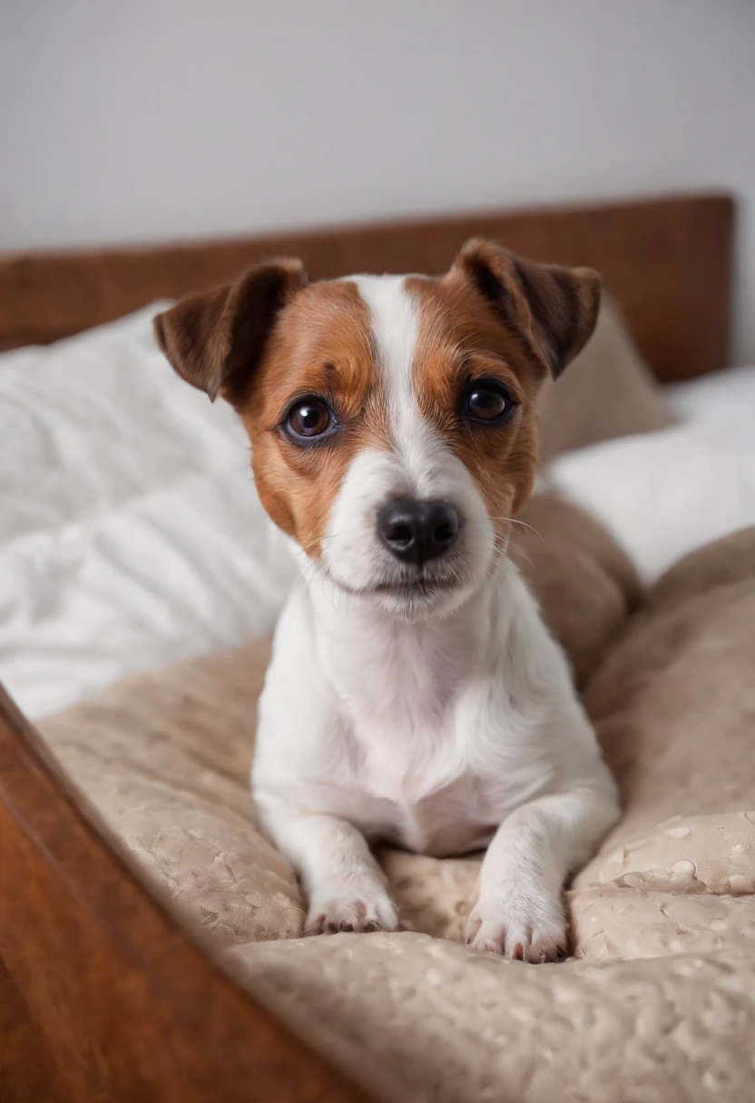 a jack russel terrier in his bed