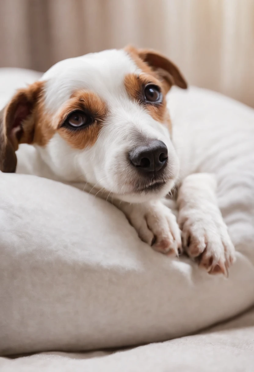 a jack russel terrier sleeping in his bed
