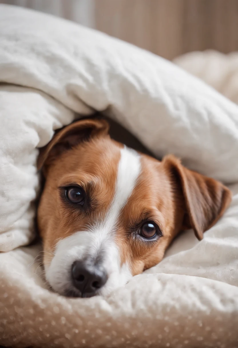 a jack russel terrier sleeping in his bed