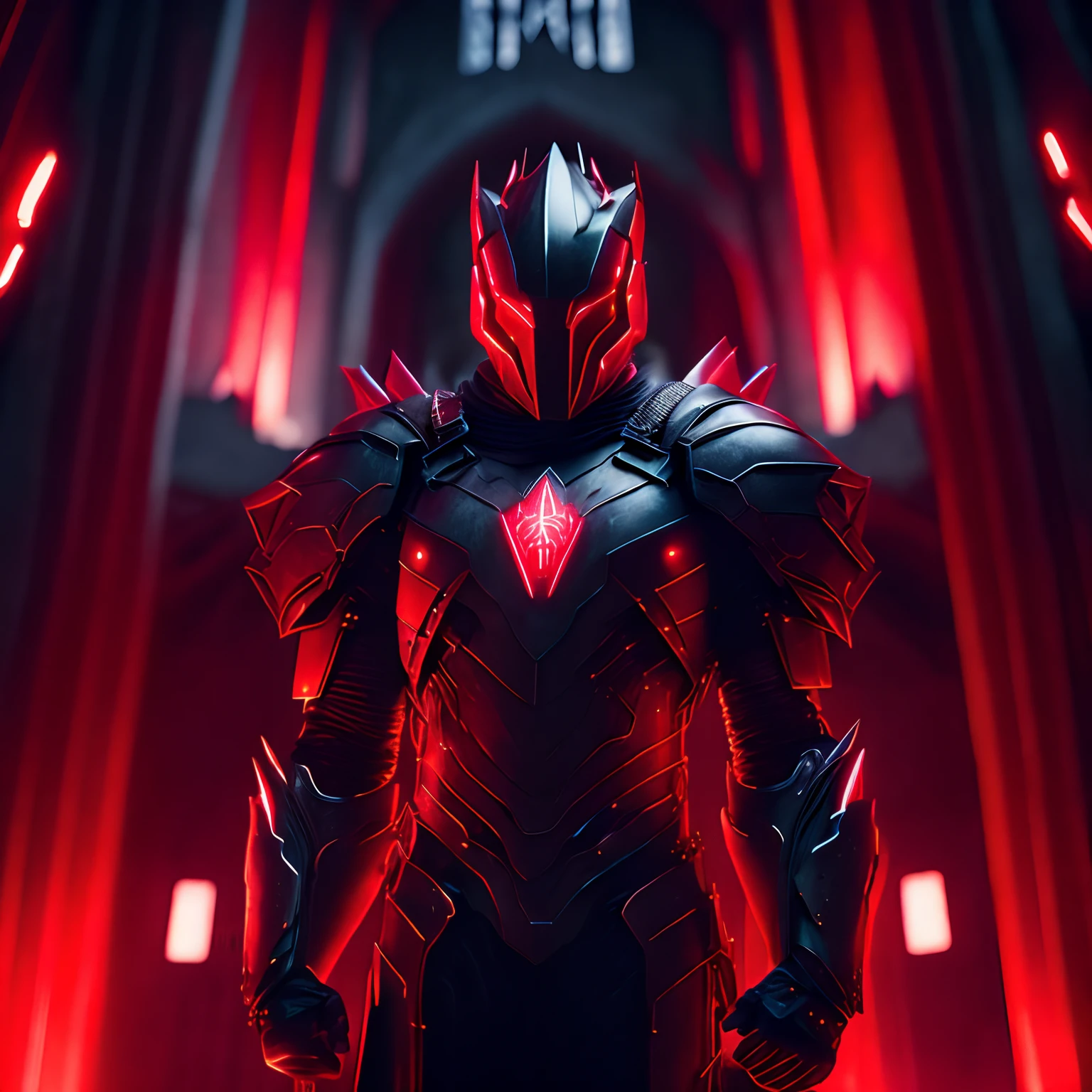 dark portrait of red Fire knight from Marvel Comics immerging from the dark silver evil powers with intricate angular cybernetic implants inside a brutalist building, gothic brutalist cathedral, cyberpunk, award-winning photo, bokeh, neon lights, cybernetic limb