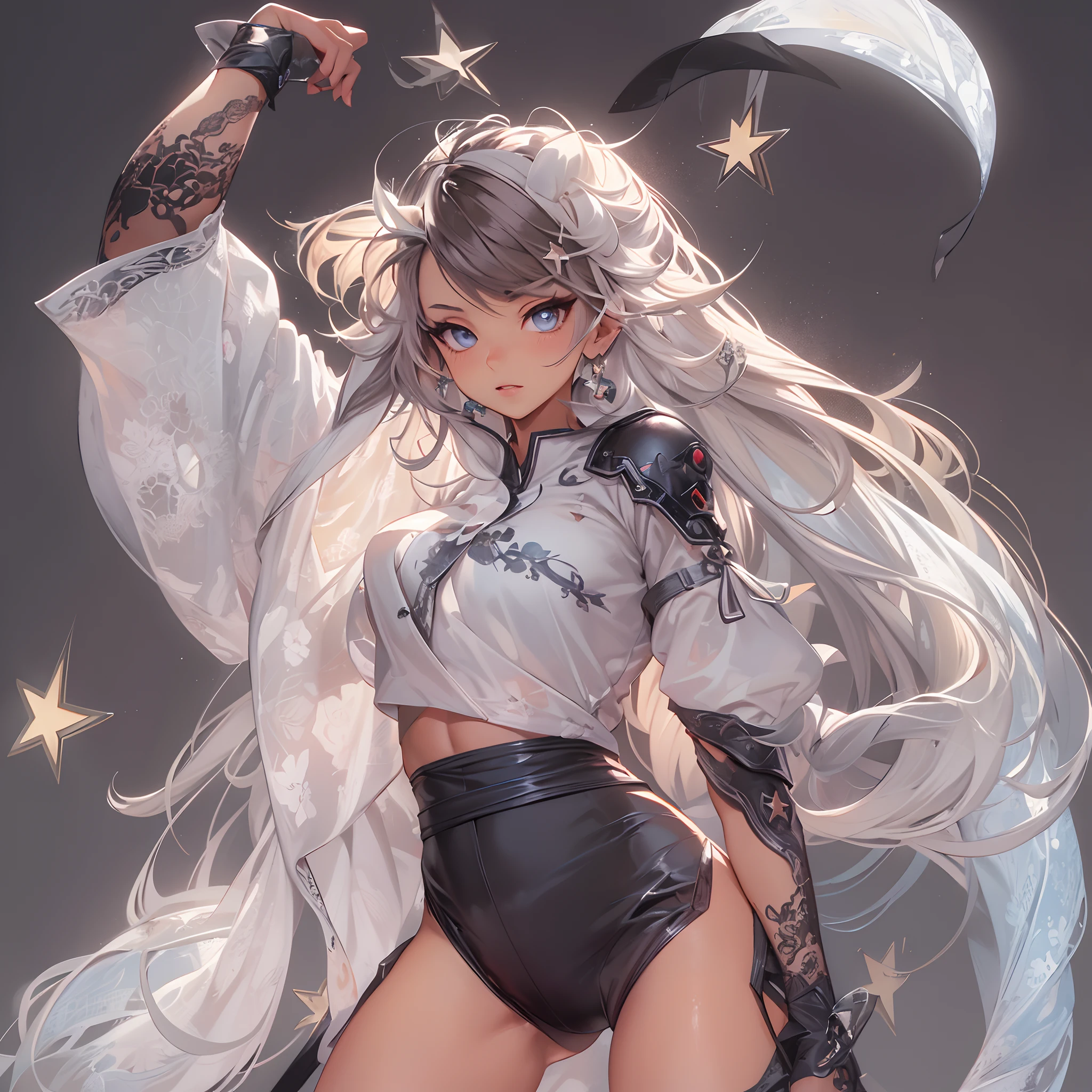 Yang Q.T. has black and white hair in two adorable pigtails, she has brown skin and eyes, she has a Yang on her left arm and is wearing a black and mostly white dress with holes and a black ribbon in the middle, she is also wearing lace tights and black ballet flats. She wears a black and white leotard-like outfit underneath, and has the Chinese character for "yang" on her back which is barely visible. SPARKLE; GLITTER
