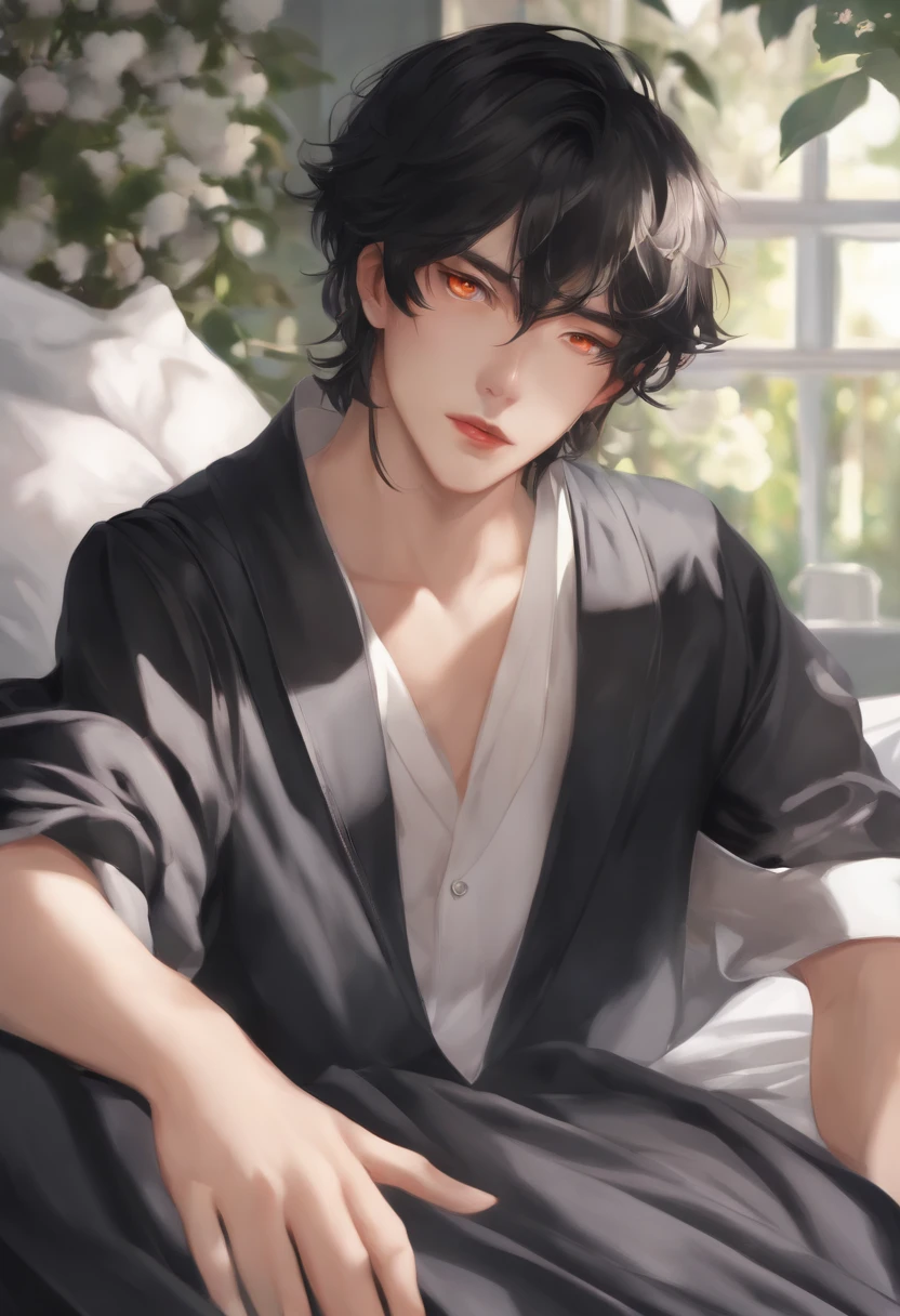 master piece , Cool Boy, Japanese , Cool Face , 20 years old , (symmetric clear eyes:1.3) , Shining eyes , Looking at Viewer , White skin, Black hair, bed