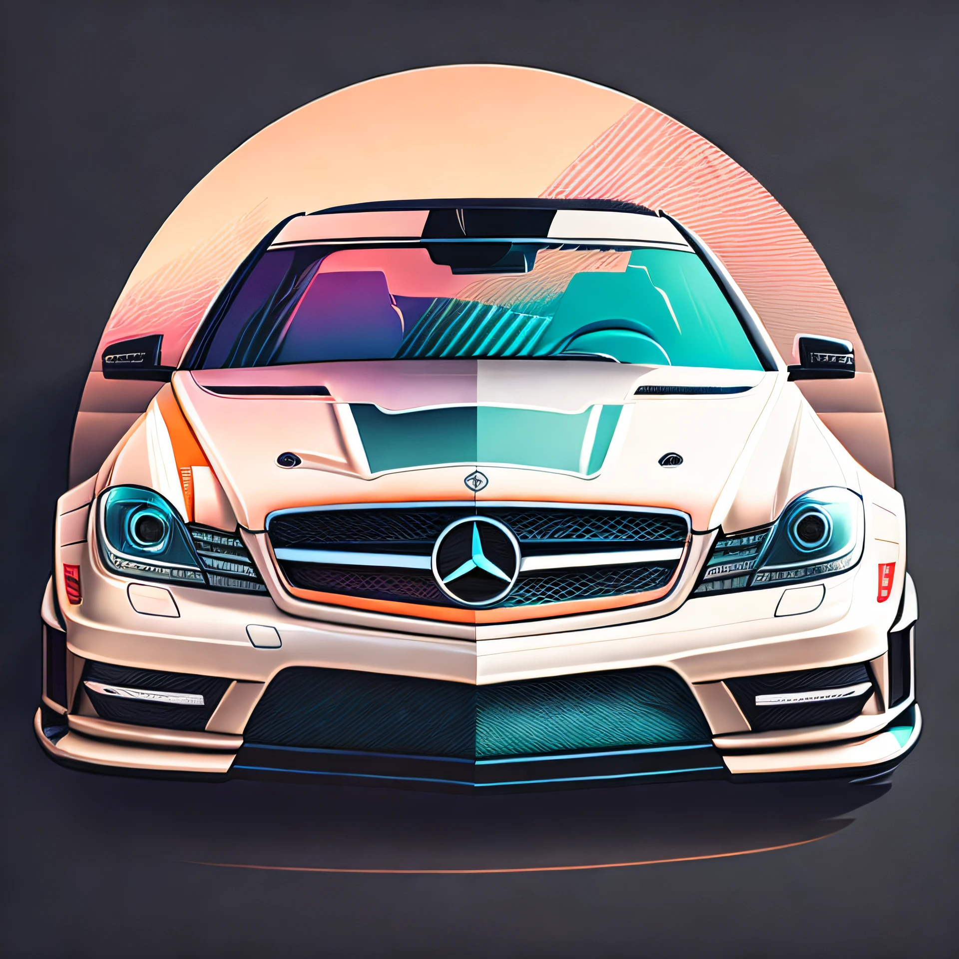 T-shirt Art Graphic Design, Retro Graphic Design, Mercedes-Benz C63, Roa Miami, Smooth four-color color, Tom Pastel Vintage, Highly detailed cleaning, vector image, photorealistic masterpiece, Professional Photography, Realistic car, Simple sunrise background for car, Flat black background, isometric, Vibrant vectors