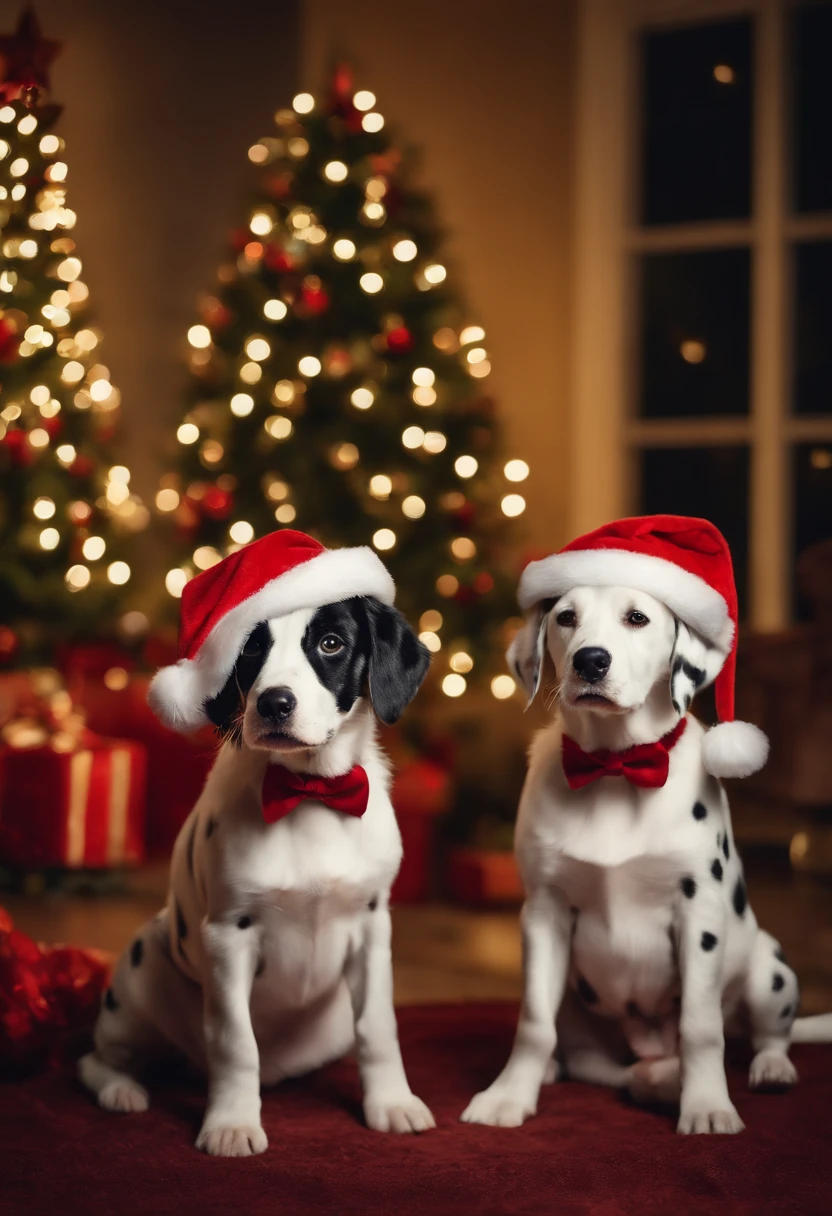 dalmations dogs dressed in santa claus hats and red bow for tie,lighted christmas tree in background, Fresh and lovely,a warm color palette,Warm scene,smiling girl,Friendly,Natural light,soft shade