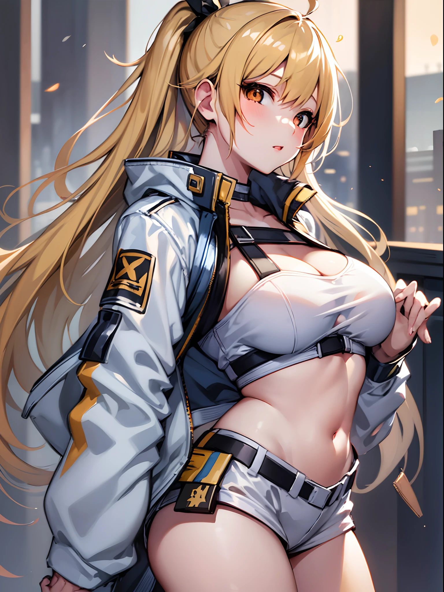 there is a woman with a orange top and white bra, rin, seductive anime girl,under clothes!, from girls frontline, fine details. girls frontline, range murata and artgerm, bust, blonde anime girl with long hair, painted in anime painter studio, [ closeup ]!!, thicc