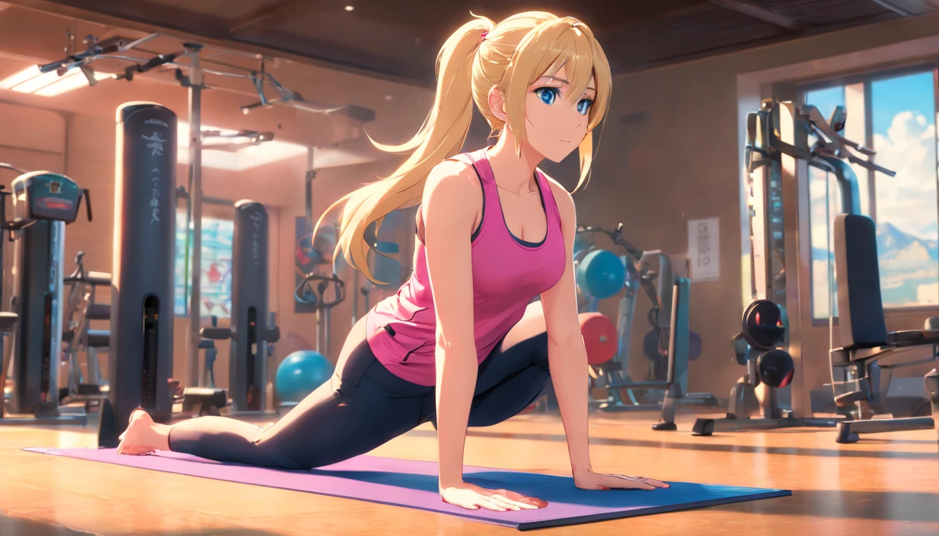 Masterpiece, Best quality, 8K, Photographic reality, Realistic, Octane rendering, Japanese gym exercises (1 woman: 1.4), (Only one woman is shown in the picture: 1.4), (Long blonde hair), (Pink sports vest|Black yoga pants), (Blue eyes) Side display
