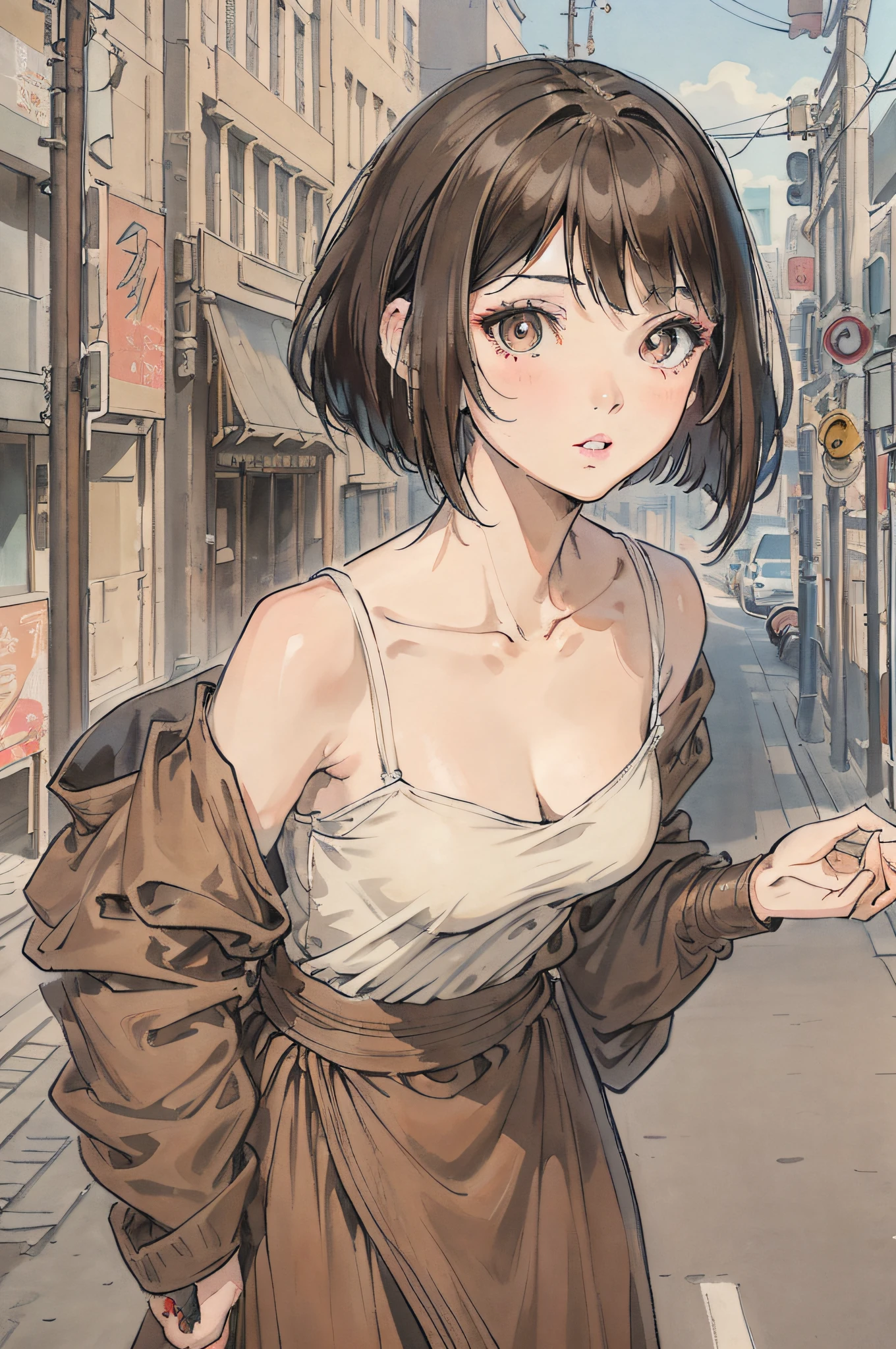 top-quality、masterpiece、、 1 人、brown haired、Brown-eyed、frontage、A detailed face、beautidful eyes、In the street、Contemporary attire、Short-cut hairstyles