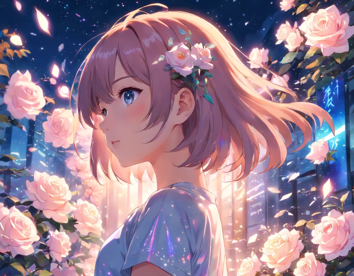 realistic, anime style, 1girl, holographic hair, heterochromic eyes, glowing eyes, holo crop top, holo skirt, parted lips, blush, night, white roses, pastels, glitter