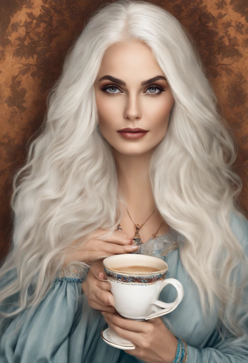 A beautiful black lady outside her mansion balcony wearing a white and grey robe and an expensive long grey wavy wig holding a wine glass