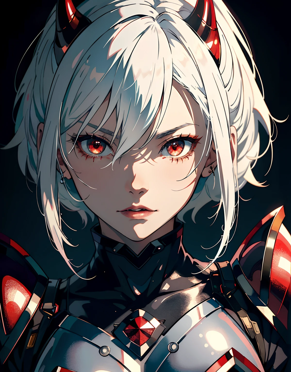 ((masterpiece, best quality)), (1girl, anime girl in dark prison),(mature, devil horn), (solo), (female focus), (white hair, medium hair),red eyes, ((black armor)), pale skin, evil, vicious, yandere, portraits, close up, upper body, vibrant colors, soft lighting