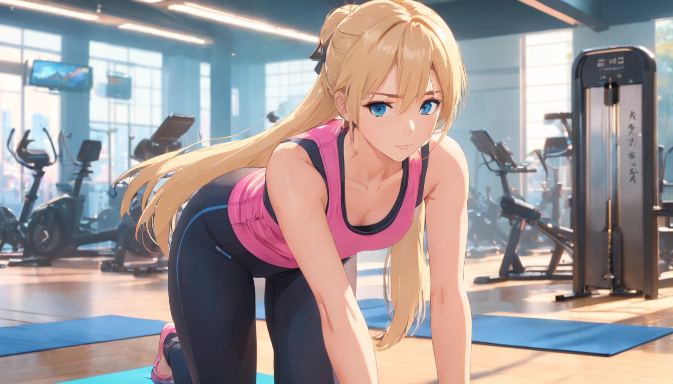 Masterpiece, Best quality, 8K, Photographic reality, Realistic, Octane rendering, Japanese gym exercises (1 woman: 1.4), (Long blonde hair), (Pink sports vest|Black yoga pants), (Blue eyes) Side display, perfect anatomy,