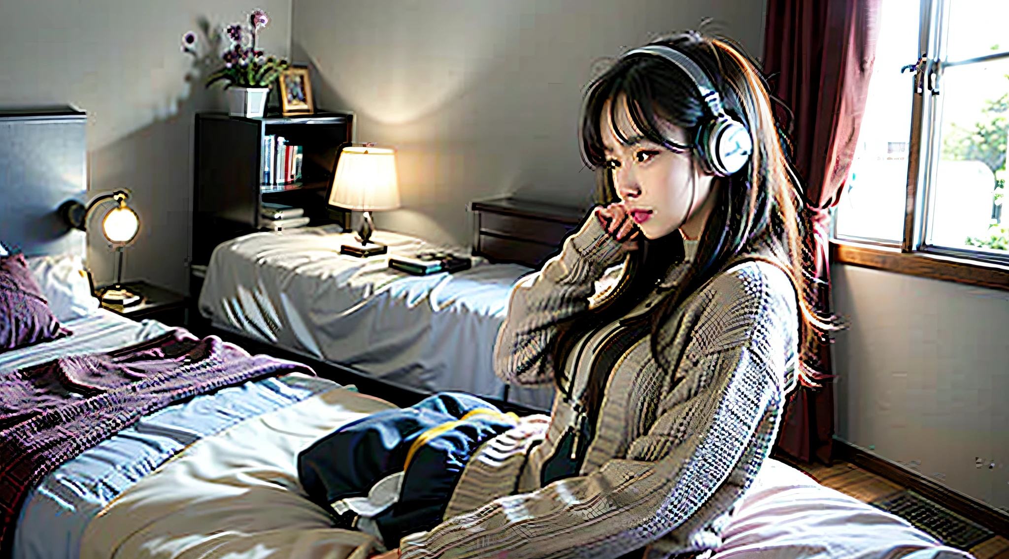 a girl listening music in her room