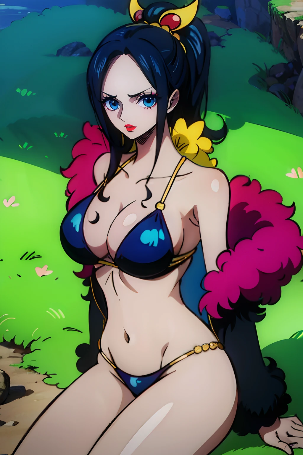 Nico Robin from One Piece wearing a tight black bikini and she’s look happy, high quality eyes, blue green eyes, Shiny eyes, Shiny white skin, puffy red lips, high quality lips, showing the ass, big ass, big boobs, best quality.