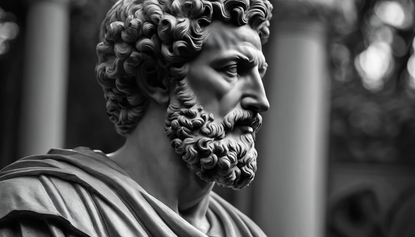 a portrait statue of the stoic Marcus Aurelius in black and white 4K, papel de parede super realista, corpo inteiro, corpo forte, musculoso, forte, sem camisa, tronco forte