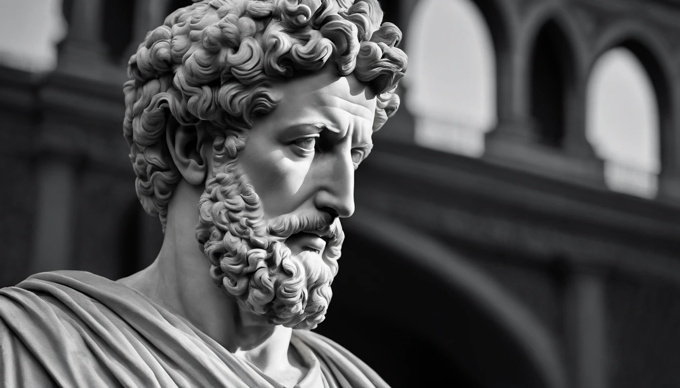 a portrait statue of the stoic Marcus Aurelius in black and white 4K, papel de parede super realista, corpo inteiro, corpo forte, musculoso, forte, sem camisa, tronco forte