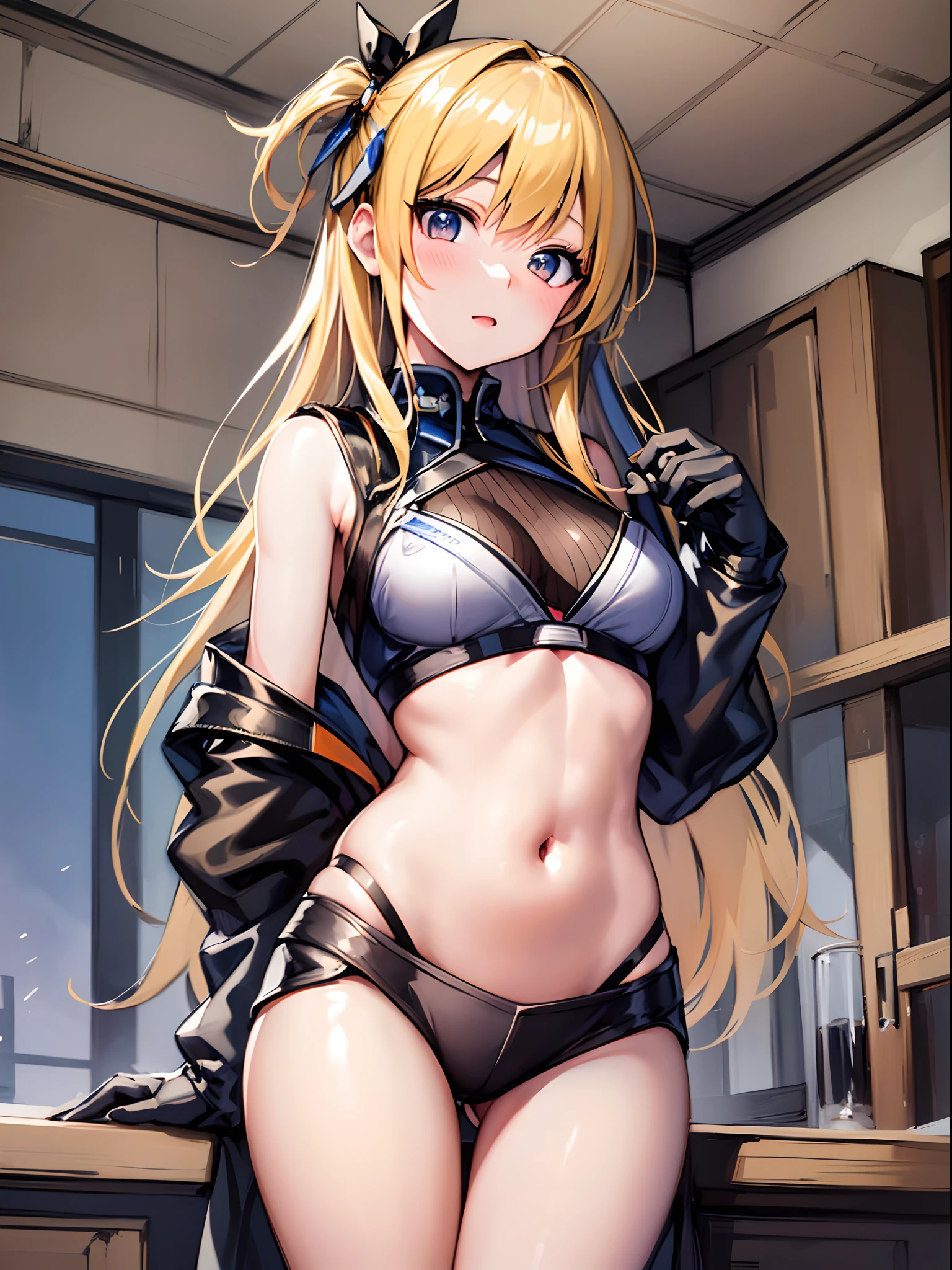 there is a woman with a orange top and white bra, rin, seductive anime girl,under clothes!, from girls frontline, fine details. girls frontline, range murata and artgerm, bust, blonde anime girl with long hair, painted in anime painter studio, [ closeup ]!!, thicc