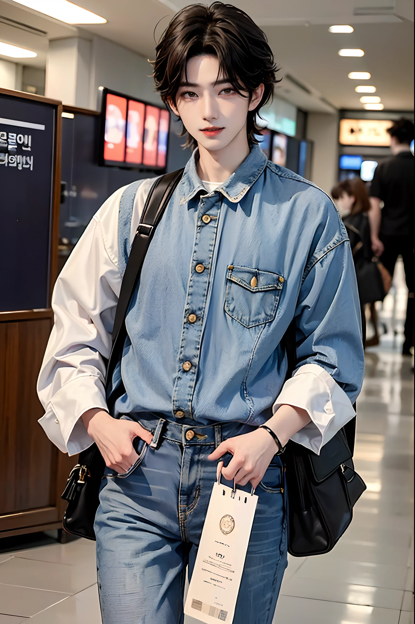 ((4K works))、​masterpiece、（top-quality)、((high-level image quality))、((One Manly Boy))、Slim body、((Jeans Fashion))、((Men's Fashion))、((Carrying a backpack and passport in hand))、(Detailed beautiful eyes)、At the airport、Face similar to Chaewon in Ruseraphim、((short hair above the ears))、((Smaller face))、((Neutral face))、((Light brown eyes))、((Korean boy))、((18year old))、((Handsome man))、((Smiling expression))、((Korean Makeup))、((elongated and sharp eyes))、((photo of a model))、Professional Photos、((Shot alone))、((Walking around the airport))