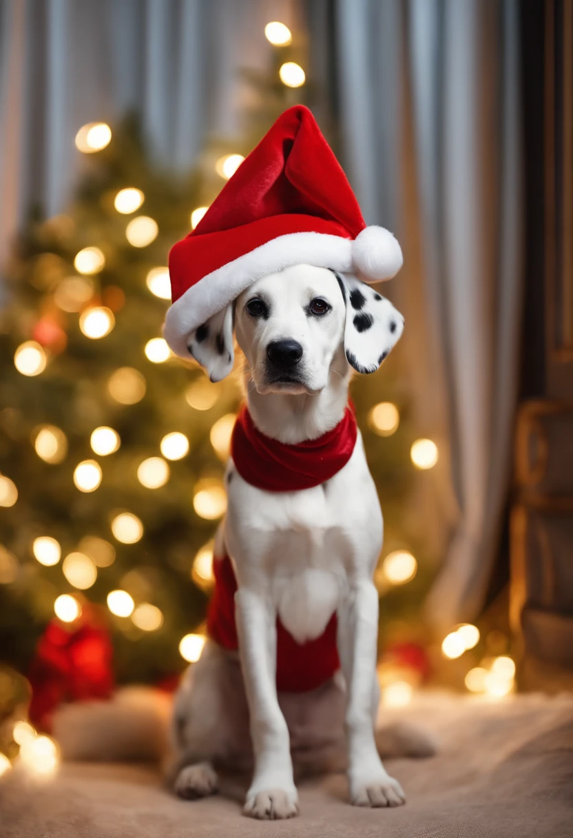 dalmations dogs dressed in santa claus hats and red bow for tie,lighted christmas tree in background, Fresh and lovely,a warm color palette,Warm scene,smiling girl,Friendly,Natural light,soft shade