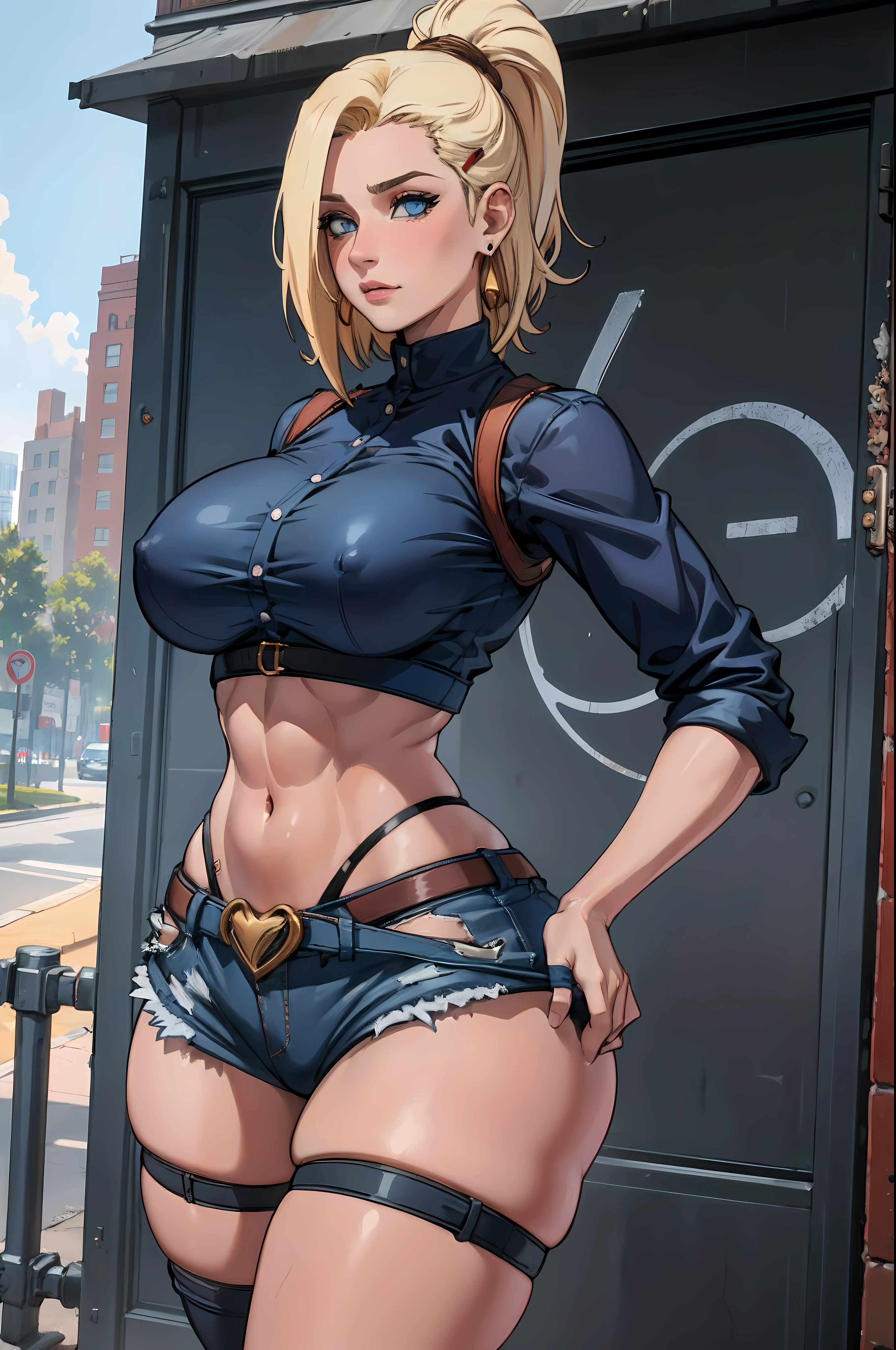 unparalleled masterpiece, ultra realistic 8k CG, perfect artwork, (1girl:1.1) , solo, ((perfect female figure)), (nsfw), looking at viewer, mature female, bimbo (android 18) standing, (teasing), best quality:1.1 , seductive posture, sexy pose, alluring, (beautiful), (curvy), (thick), blonde hair, (blue eyes:1.2), short hair, earrings, jewelry, denim vest, open vest, black pantyhose, black shirt, denim skirt, striped long sleeves, blue skirt, toned legs, fit, (abs:1.1), (big butt:1.4), peach ass, (athletic body:1.2), (large breasts:1.3, (big_breasts:1.1), wide_hips:1.5, narrow waist, small waist:1.5, slender body:1.2, thick thighs:1.3), (shiny skin:1.2), (hdr), (street:1.2), Nikon D850 film stock photograph Kodak Portra 400 camera f1.6 lens, rich colors, lifelike texture, dramatic lighting, unreal engine, trending on ArtStation, by Gerald Brom, by Frank Frazetta, by Luis Royo, by Julie Bell, by Boris Vallejo