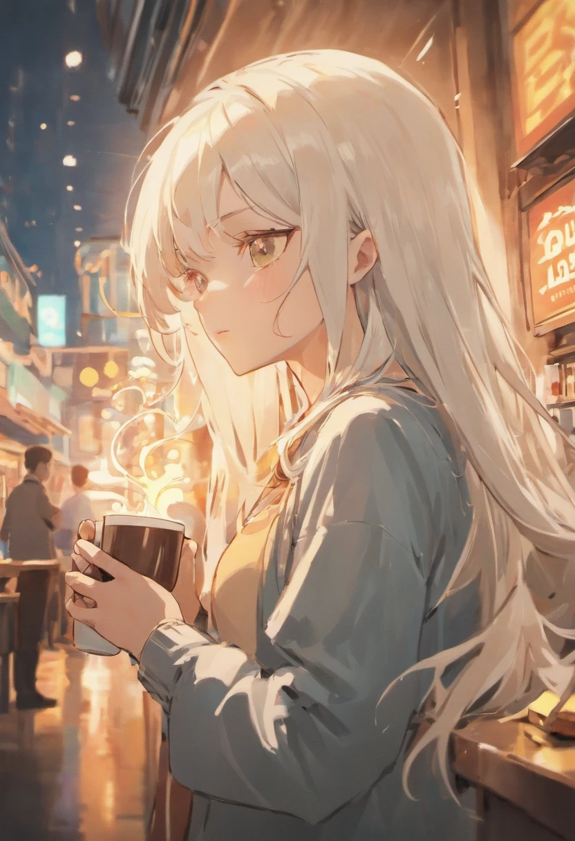 woman with long white hair holding a cup of coffee