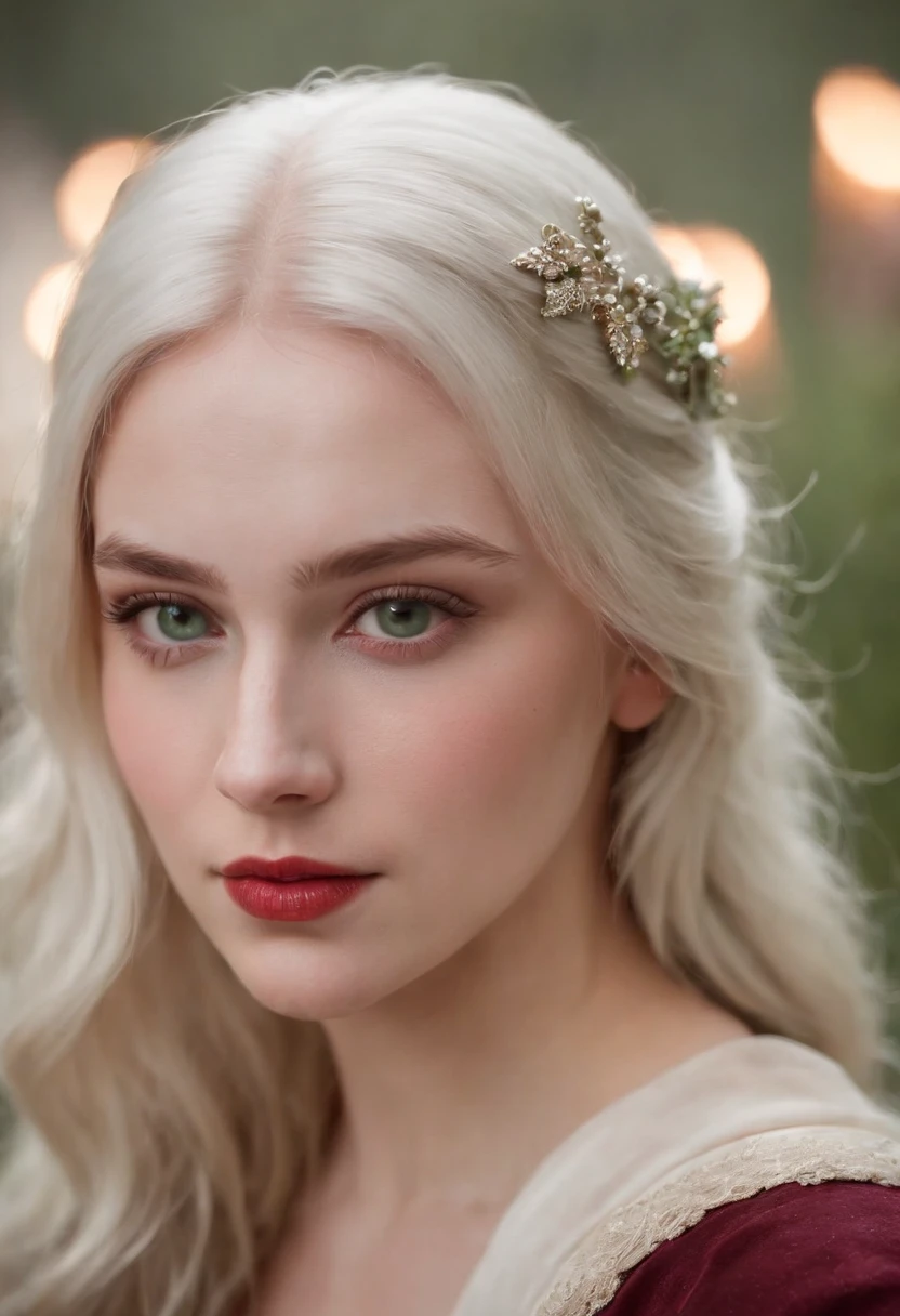 (((A deep reddish wound crosses her left cheek))) Fair complexion, Female about 19 years old, natural white hair, Distinctive green eyes, Wearing Kohl, slender and graceful, Beautiful, Candles in a medieval setting, ultra sharp focus, realistic shot, Medieval women's clothing, Notebook colors (scar:1.4)