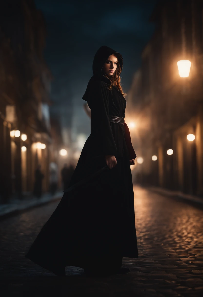 1girl, (solo), anime girl with long brown hair and orange eyes, brown haired girl, black robe, assassin, serious, black hood, turtleneck, lens flare, martial arts, ((dramatic lighting)), extremely detailed, great bokeh effect, looking at the viewer, old town in the background, (night )