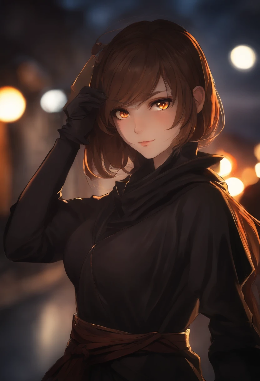 1girl, (solo), anime girl with long brown hair and orange eyes, brown haired girl, black robe, assassin, serious, black hood, turtleneck, lens flare, martial arts, ((dramatic lighting)), extremely detailed, great bokeh effect, looking at the viewer, old town in the background, (night )