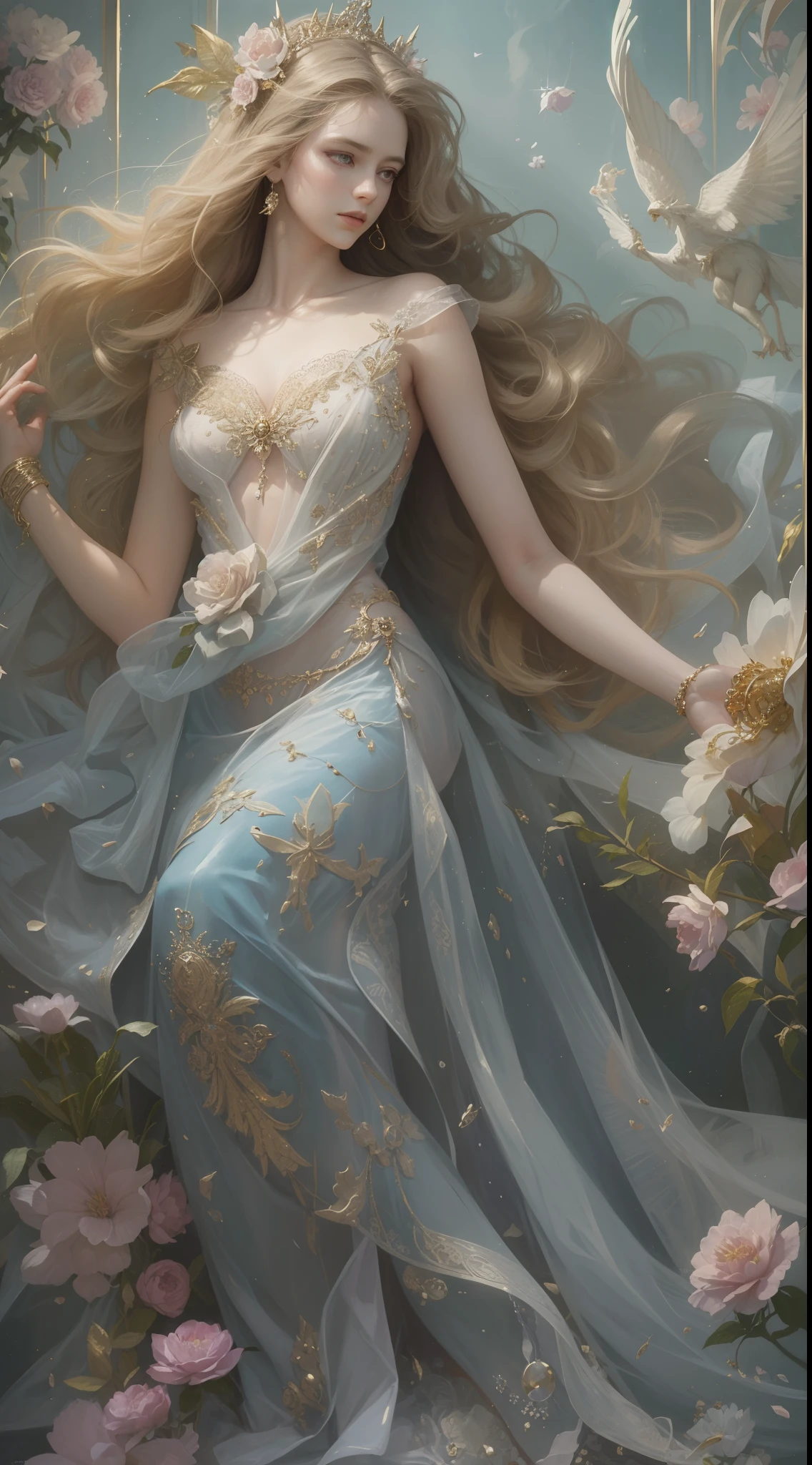 ,  ,  beautiful girl close-up, full body,, Noosphere,a beautiful latin woman, full body, looking at viewer, symmetric, eyes closed, slight smile, spirtual awakening, intricate details, cosmic, ethereal, mystical, complicated environment, brush stokes, illuminating lights, Greg Rutkowski, RHADS, Beeple, Makoto Shinkai, Lois van Baarle, Ilya Kuvshinov, Rossdraws, Tom Bagshaw, Alfonse Mucha, masterpiece, ultra high res, high quality,FS, albino girl perfect 10 black hair rarpunzel stands in a picturesque avatar forest, cheerful flirts in front of the camera, the body is graceful with small breasts, her legs are slender graceful, the girl looks amazing, the dress is transparent organza with intricate patterns, high-heeled shoes are elegant with gold patterns, sunlight falls from behind creating a light outline around the contours of the girl, in front soft fill light, photorealistic, concept art, (wow effect: 2), site 500px, ((hyper definition details: 2)) --auto --s2