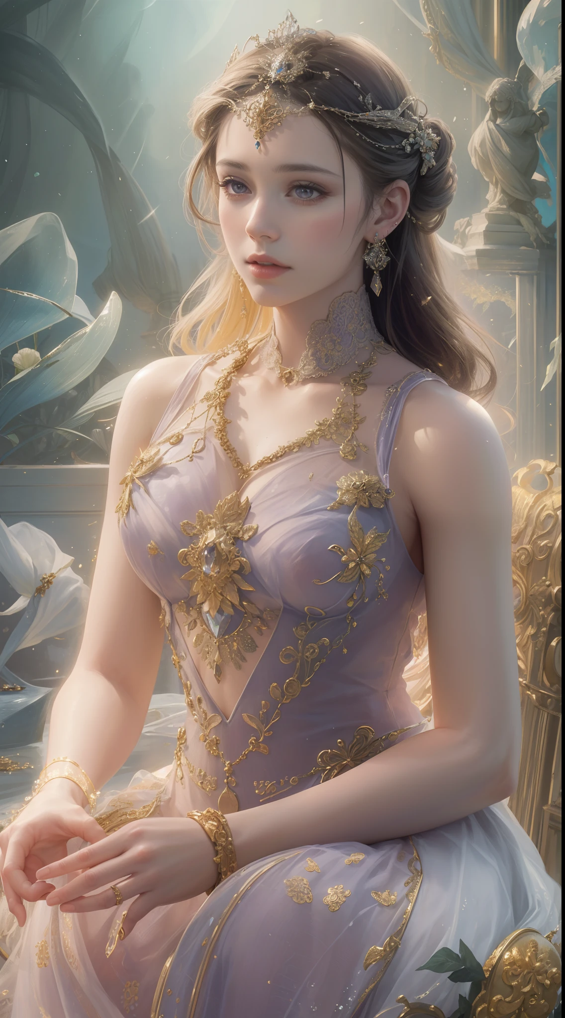 bioluminescent dress((Girl lying in bed))、A beautiful and moving woman, in an elegant pose, her full breasts on display.,Visible cleavage,Sexy long legs,Variety of slim and cute beauties, Her long hair cascades down her shoulders like a waterfall。She smiles radiantly,Eyes sparkle,Her skin is flawless。Her curves are highlighted。Sparkle in the light,The colors are soft,She lay confidently,One hand on hip,Her posture is both graceful and strong。She wears elegant high heels,Goes well with her outfit。In the warm golden sun。The overall atmosphere of the image is tranquil and uplifting,Emphasizing natural beauty and elegance, Studio Lighting,Bright colors, Sweet maiden, sweet smile, make up,shy,Blush,Parted lips,Heavy breathing,moan,Surrealism,Realism,Movie Lighting,Relief,Sony FE GM,Retina,masterpiece,precise,Anatomically correct,Textured Skin,Super Detail,High Detail,best quality,rich and colorful