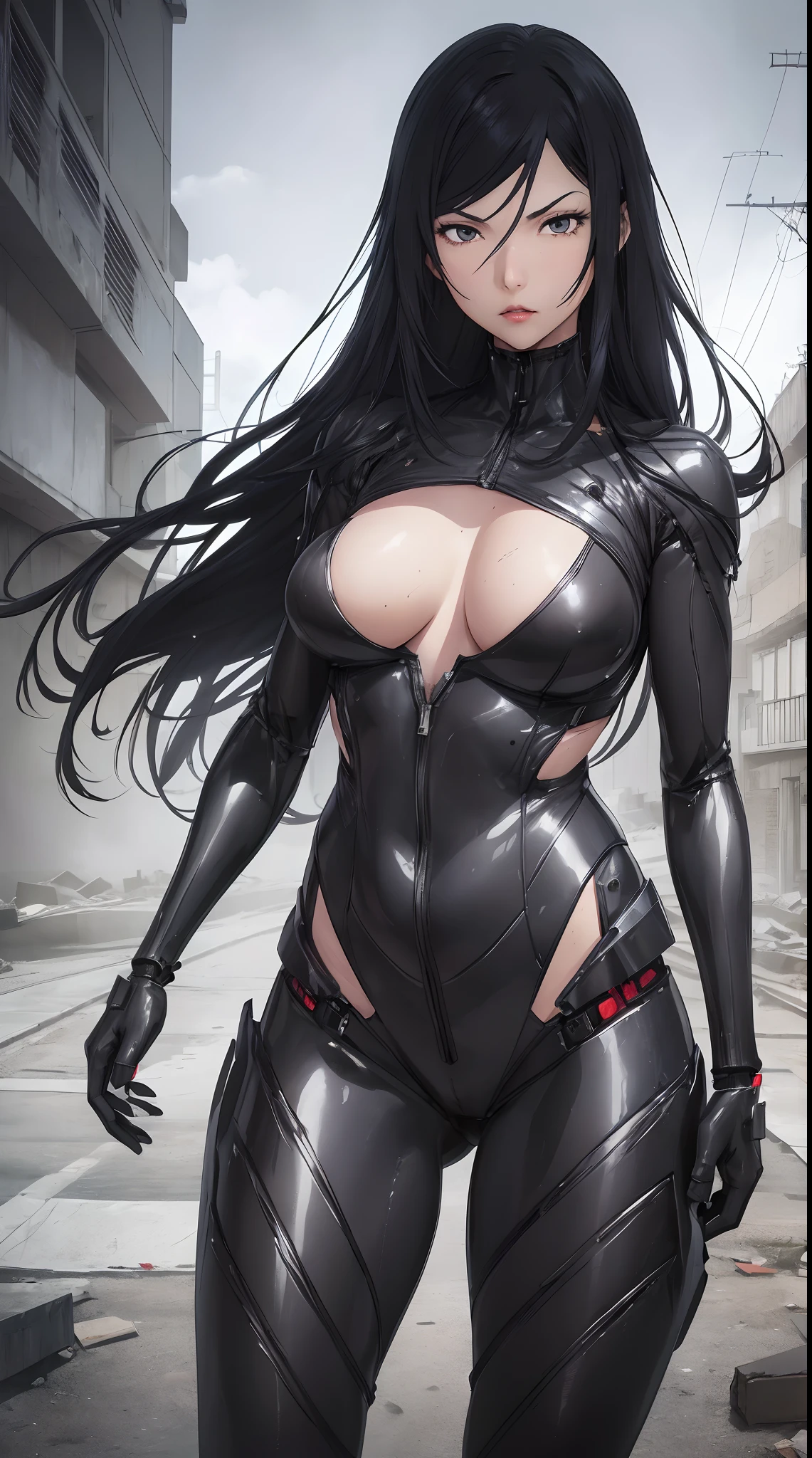 kurihara mari from prison school,grey eyes,black long hair,robotic mechanical bodysuit, mechanical body parts, running in a destroyed city, cinematic fog, cinematic shadow,ultra-detailed,highres,vivid colors,professional,sci-fi,studio lighting,sharp focus,masterpiece:1.2