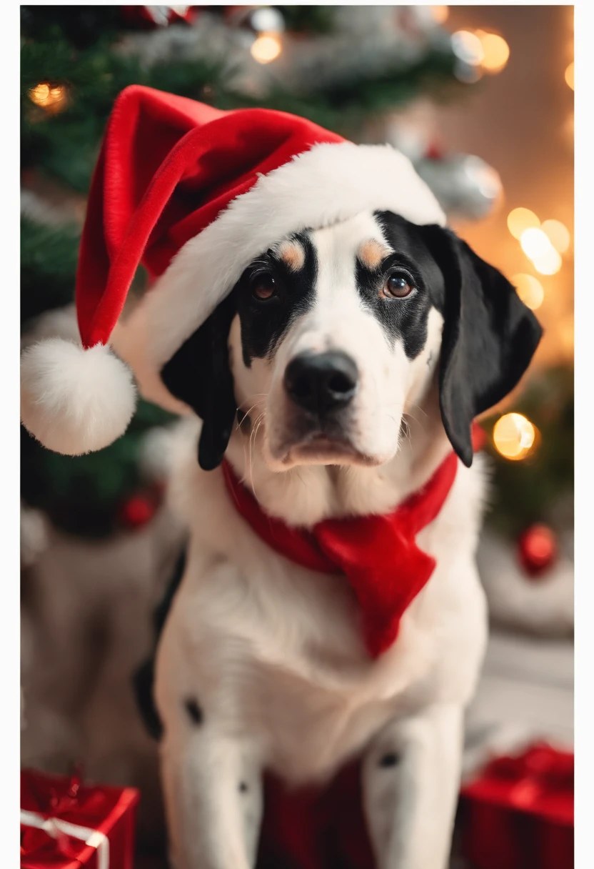 dalmations dogs dressed in santa claus hats and red bow for tie,lighted christmas tree in background, Fresh and lovely,a warm color palette,Warm scene,smiling girl,Friendly,Natural light,soft shade