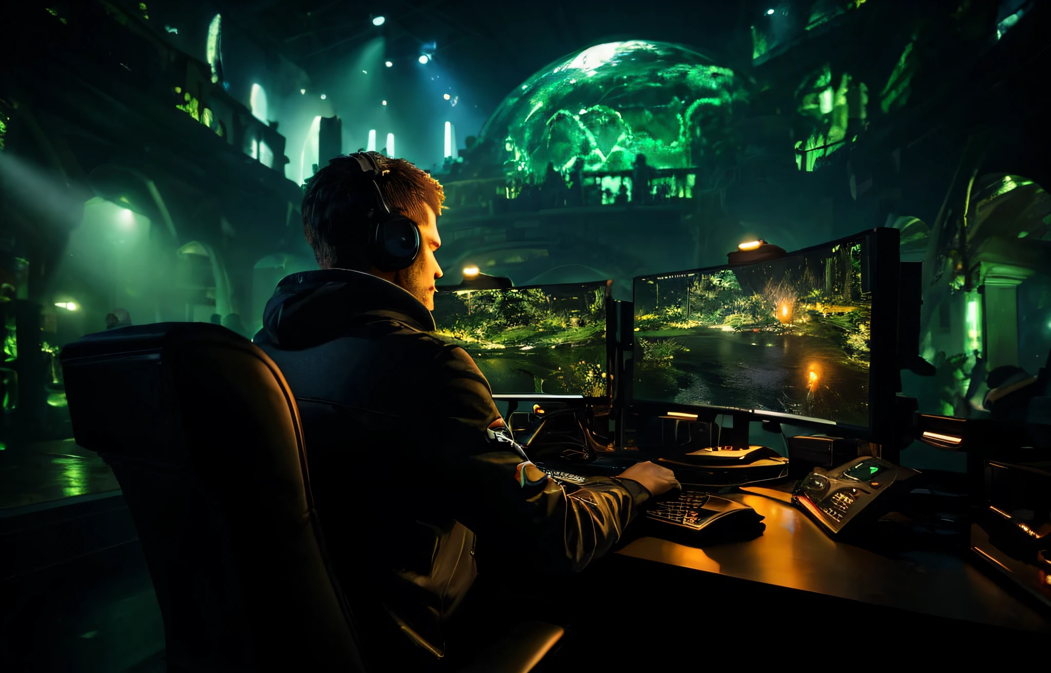 Homem sentado em uma mesa com um computador e um monitor, Imagem promocional da NVIDIA, Nvidia Omniverse, cyberpunk setting, sala de jogos em 2 0 4 0, Jogos LED, RTX GeForce Experience, Desportivo, jogos, Computadores para jogos, Visuais impressionantes com RTX ativado, Jogos para PC, sala de jogos, Jogo de FPS, fps view, arte de fundo