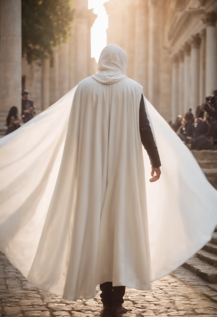 There's a man wearing a white cloak standing in a completely white place, and there's no detail in the environment he's in. , He's standing and looking up. , Thousands of books circumnavigate over it , And he's looking at them. , The scene is filmed from behind from the back of the person