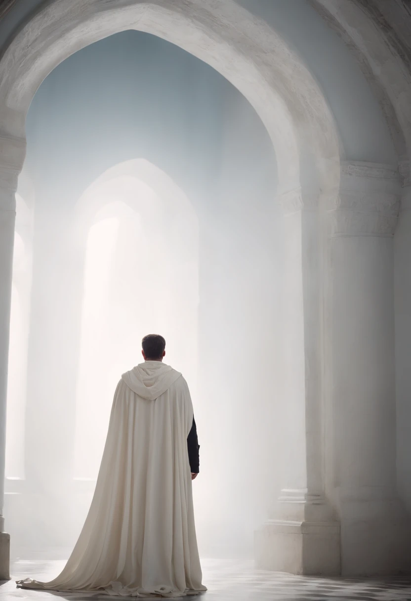 There's a man wearing a white cloak standing in a completely white place, and there's no detail in the environment he's in. , He's standing and looking up. , Thousands of books circumnavigate over it , And he's looking at them. , The scene is filmed from behind from the back of the person