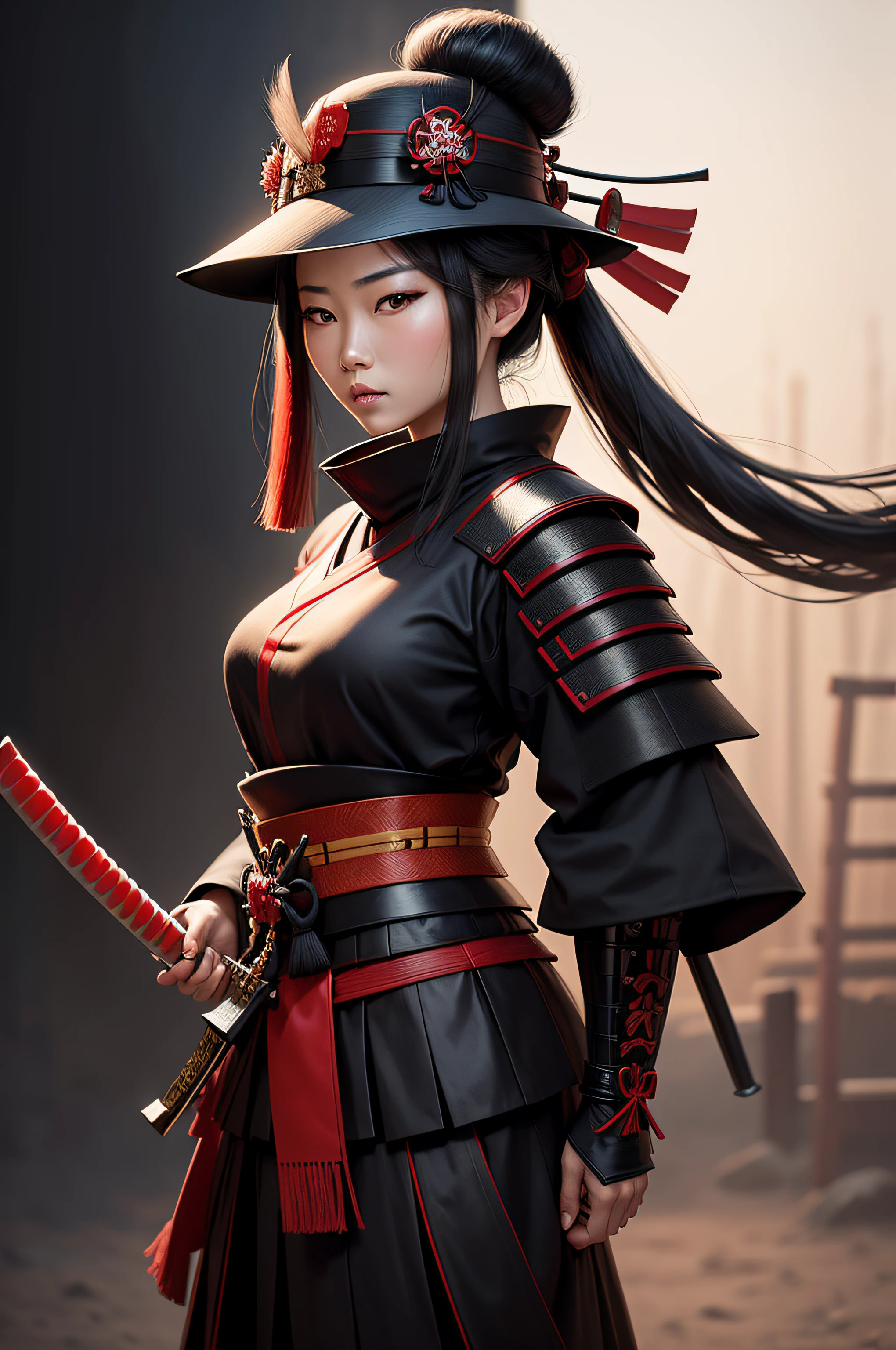 Beautiful Japanese woman from the front, Samurai Hat Black Japanese Hat Bamboo black with red ribbon, highly detailed image, Samurai, full body, Samurai sword. By leandrojsj