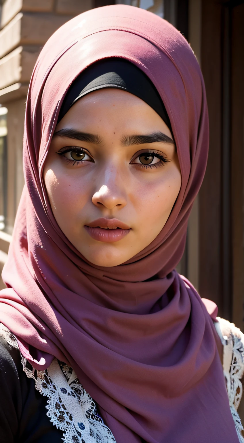 (2 young Arab girls:1.3), Arab face, (hijab:1.4), (Details of a very beautiful face), wear pastel color hijab, detail skin texture, (Best Quality:1.4), 8K resolution, High resolution, (Photorealistic, High resolution:1.4), Raw photo, (Realistic, Photorealsitic:1.37), Gloss on lips, Parted lips, Staring at me, Nose, Realistic, the city, cinematic lighting
