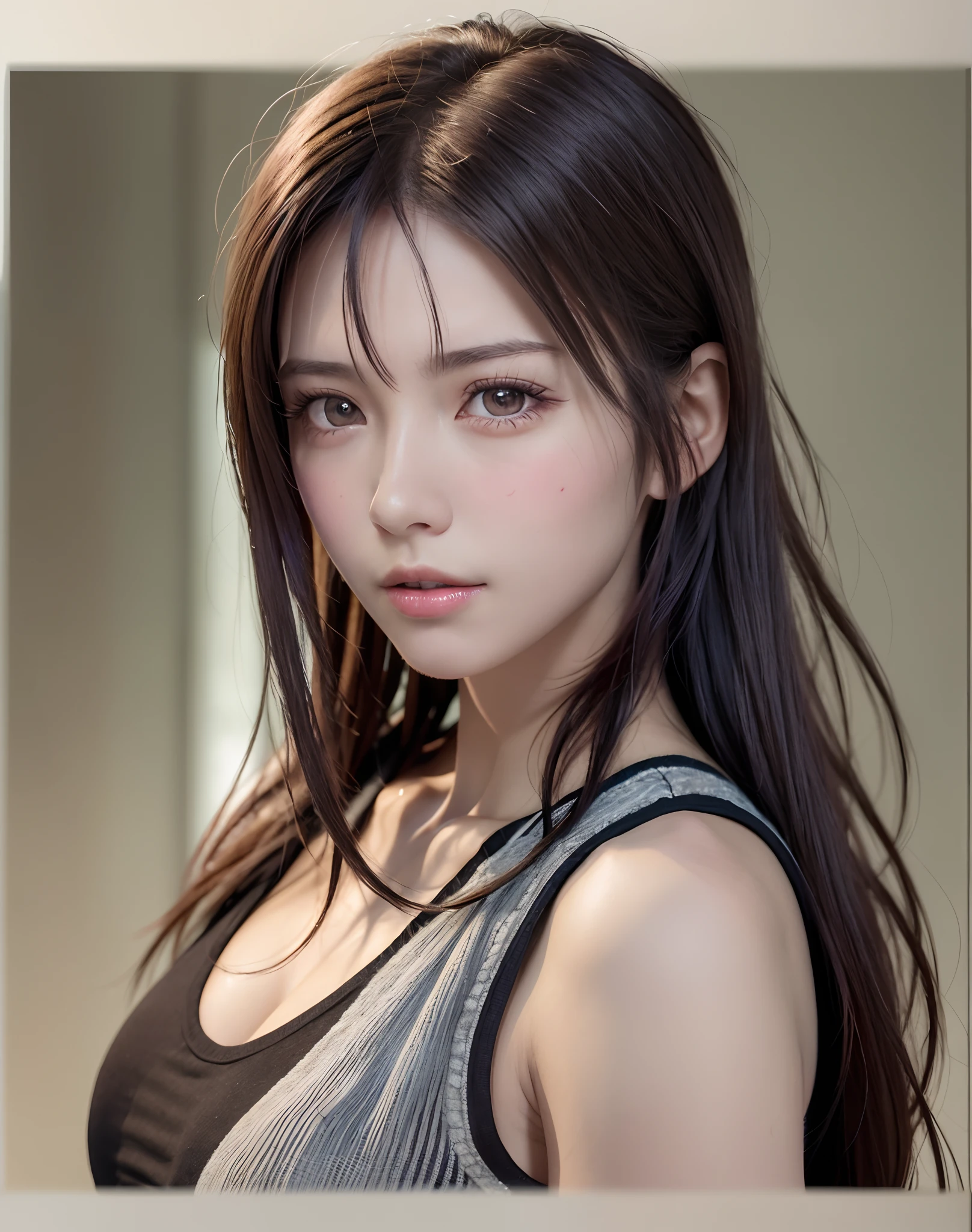 1 girl, beautiful detailed eyes, beautiful detailed lips, extremely detailed face, long eyelashes, flawless skin, fine hair, seductive expression, cleavage, tight fitting tank top, hot pants, single lens reflex camera, casual pose, detailed facial features, vivid colors, studio lighting, physically-based rendering, portrait, photorealistic, best quality, 8k, high resolution, masterpiece, ultra-detailed, HDR, UHD, sharp focus, professional, bokeh