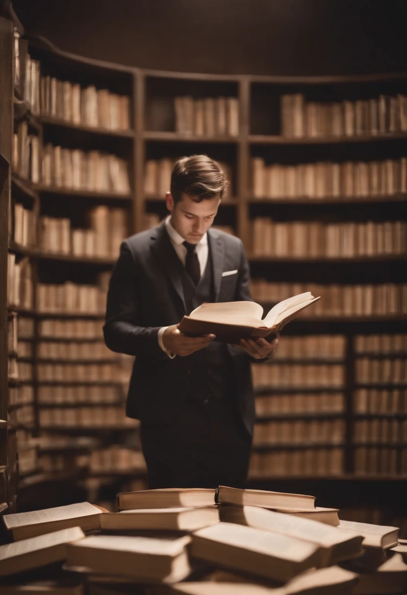 A lot of books float around a person standing