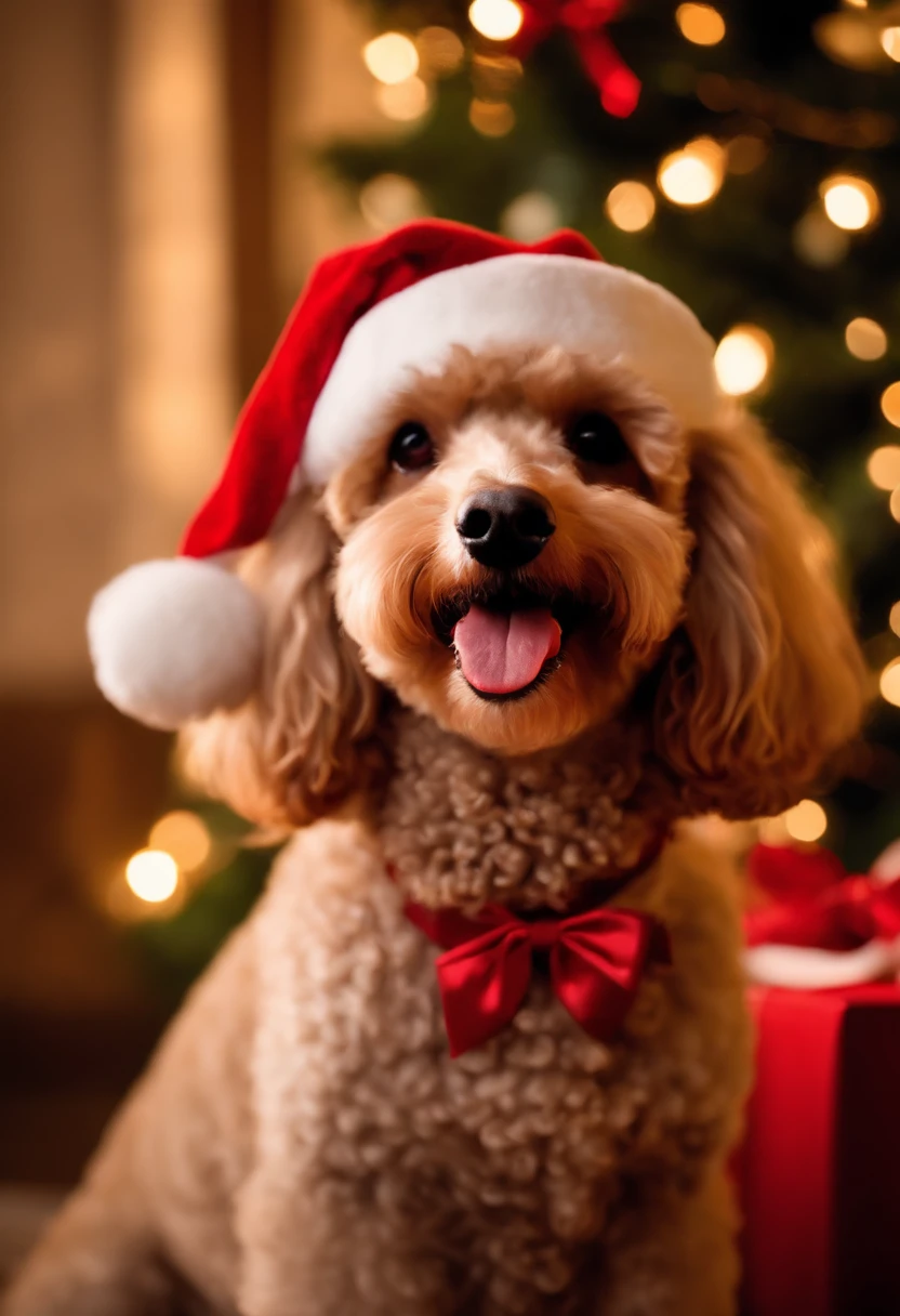 poodle dogs dressed in santa claus hats and red bow for tie,lighted christmas tree in background, Fresh and lovely,a warm color palette,Warm scene,smiling girl,Friendly,Natural light,soft shade