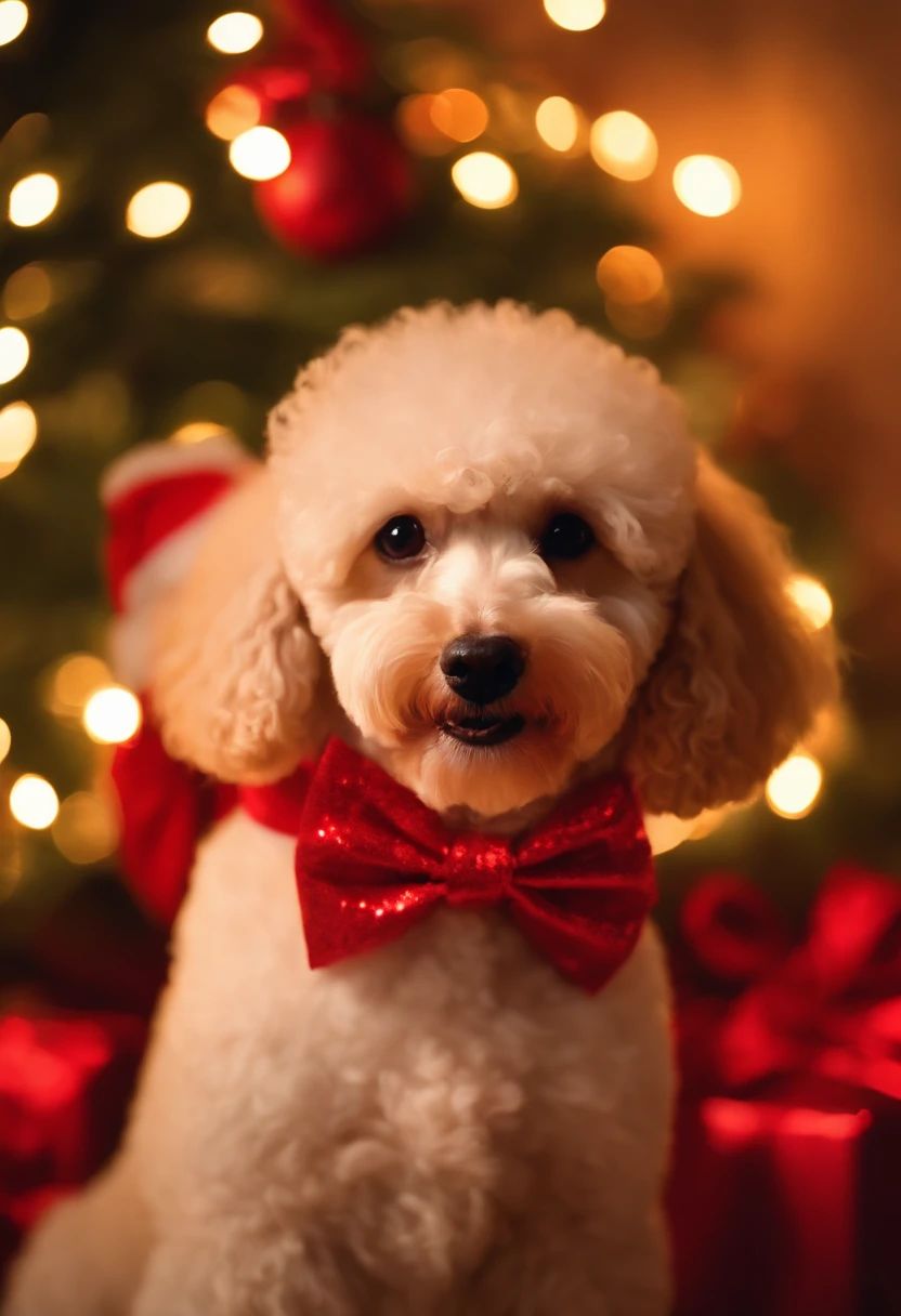 poodle dogs dressed in santa claus hats and red bow for tie,lighted christmas tree in background, Fresh and lovely,a warm color palette,Warm scene,smiling girl,Friendly,Natural light,soft shade