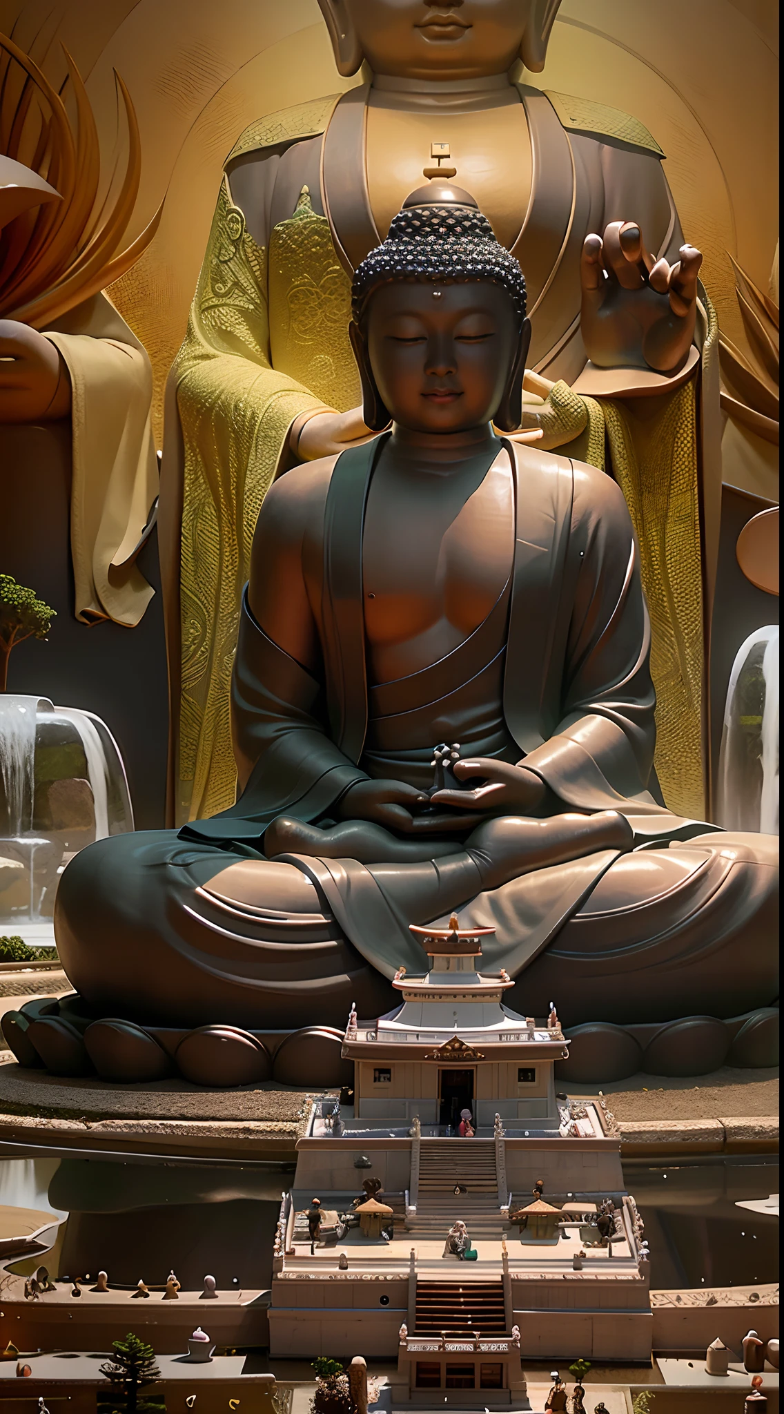 There is a Buddha statue in the pond, a Buddhist Buddha, Zen temple background, Buddhism, Buddhist, On the road to enlightenment, Zen meditation, Buddha, On the road to enlightenment, zen atmosphere, Serene expression, zen natural background, Beautiful image, powerful zen composition, 4K tranquility, zen méditation cyberpunk, a serene smile, Meditation, zen feeling