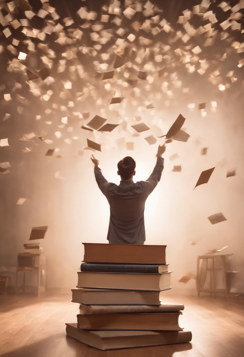 A lot of books fly around a standing person