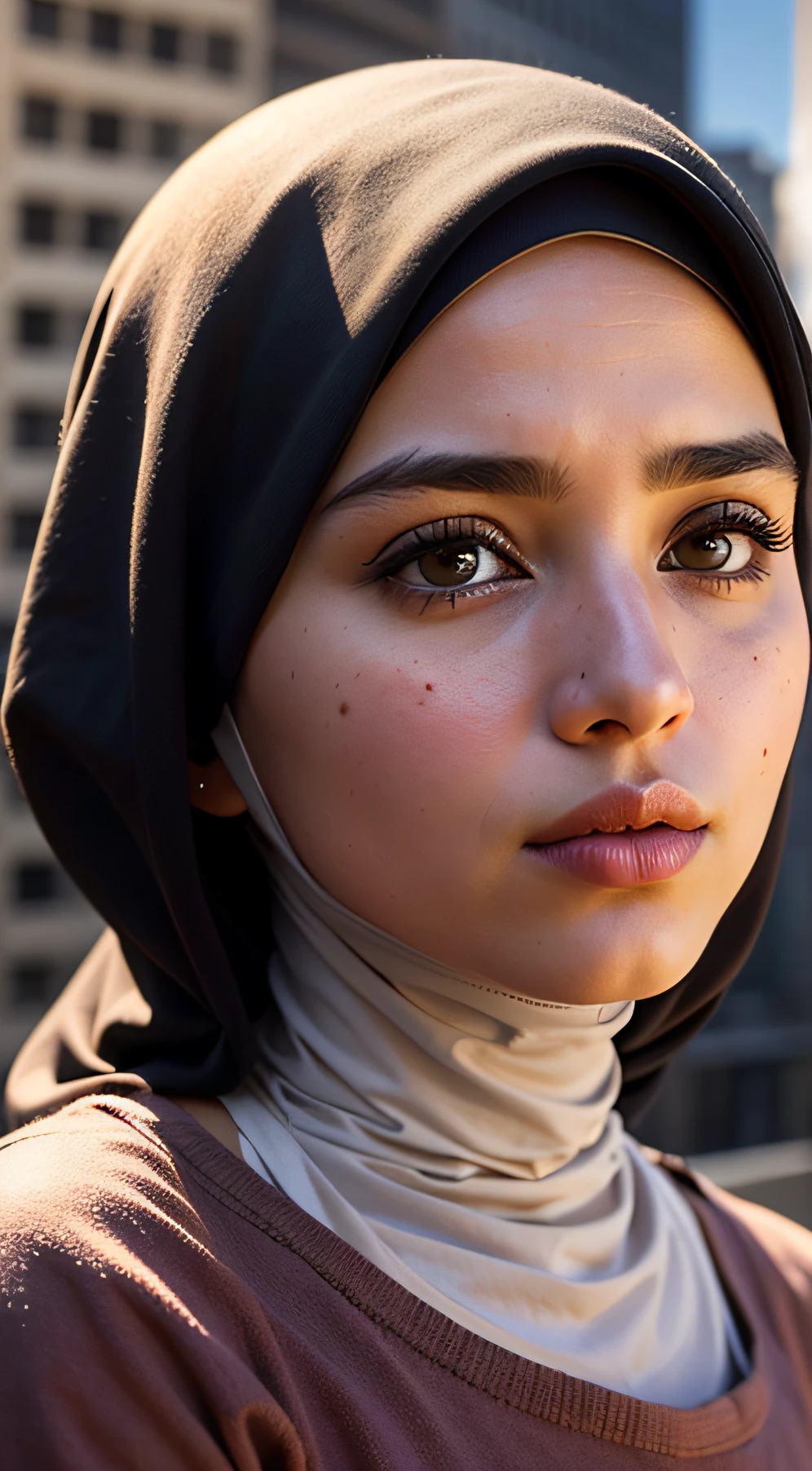 1 girl, (dark brown skin tone:1.4), very short hair, black eyes colour, mole down the right eye, (Muslim black cloak, hijab covering hair:1.1), Cold expression, depressed, dominant aura, (high quality, masterpiece, extremely detailed:1.2), (Realistic, photorealistic:1.2)