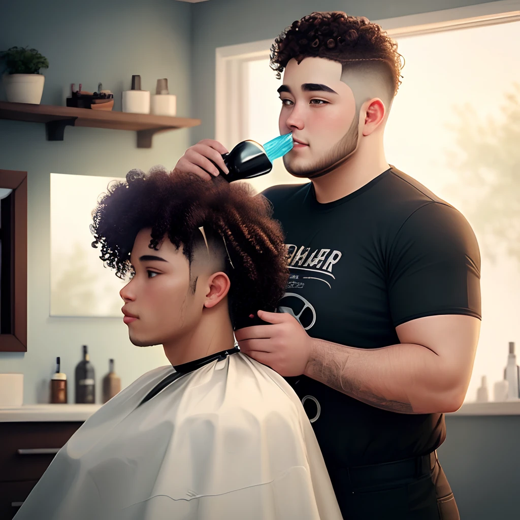 A male barber half chubby doing hair hydration on his client a beautiful young woman of about 19 years curly hair and red