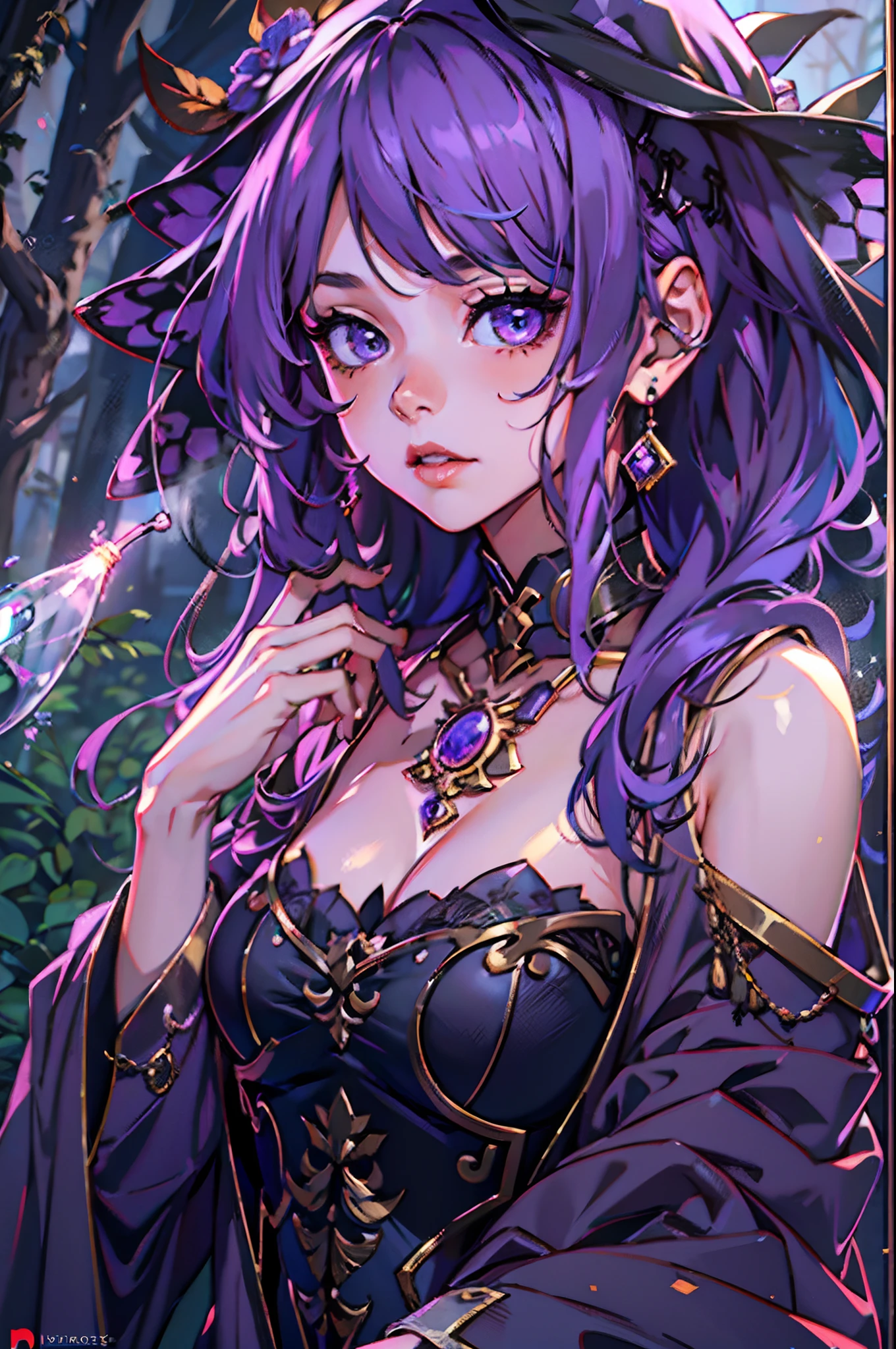 masterpiece:1.2, best quality:1.2, beautiful, high quality, highres:1.1, aesthetic), detailed, extremely detailed, ambient soft lighting, 4K, perfect eyes, perfect face, perfect lighting, 1girl, 12 year old, bangs, bare shoulders, purple eyes,shining eyes, closed mouth, collarbone, hair over one eye, flower shaped pupil,halterneck, coat, lips, long sleeves, looking at viewer, off shoulder,earings,jewelry,purple headwear, witch headwear,necklace,magic wand, purple hair, drill hair, long hair, robe, casting a spell,magic, sleeveless, focus face, solo, thighhighs, mist,creepy background, forest