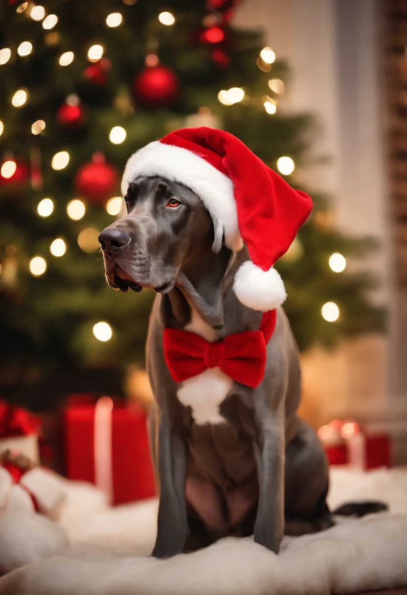 great dane, dressed in santa claus hats and red bow for tie，lighted christmas tree in background, Fresh and lovely，a warm color palette，Warm scene，smiling girl，Friendly，Natural light，soft shade